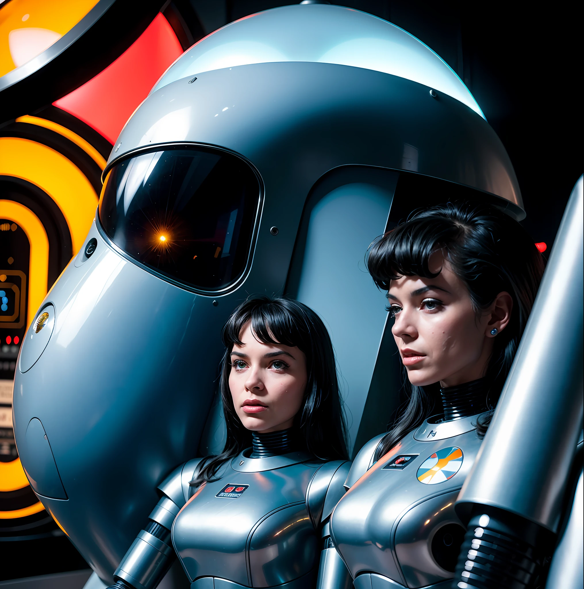 There are two women next to a robot in a room, 1 9 6 0 s menina espacial, Retro Sci - Imagem de FI, 7 0's vintage sci - estilo fi, woman and robot, 1 9 6 0's sci - fi, Retro 1 9 6 0 S Sci - Arte de Fi., 5 0's vintage sci - estilo fi