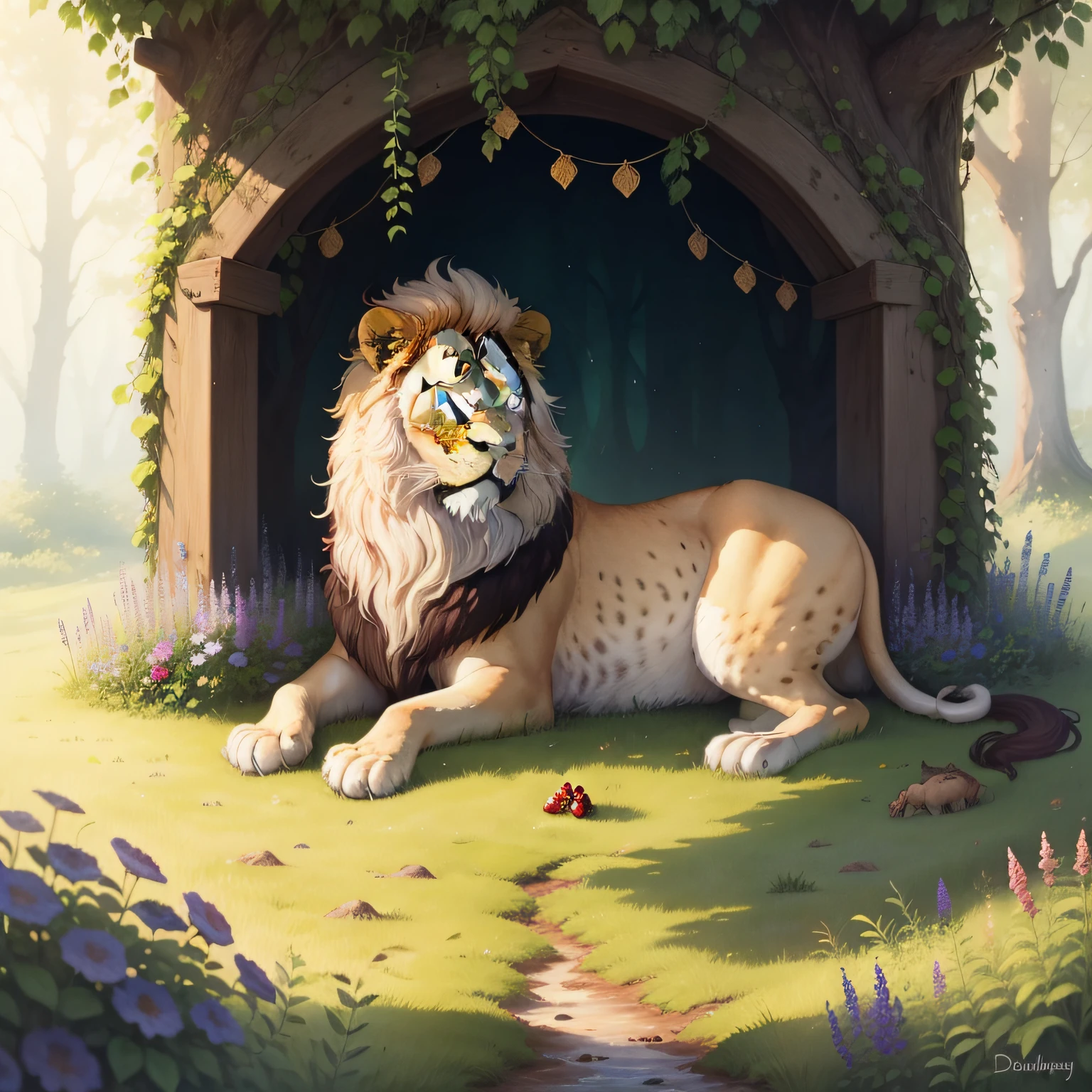 Everyone Loves a Lion, Wet Watercolor Illustration, Acrylic, Lion with Fluffy Fur, Watercolor Paper Texture, Raspberries, Grapes, Blackberries, Currants, Flowers, Flowering Herbs, Wild Herbs, Thistle, Delphinium, Juniper, Vine, Moss, stones with moss, forest paths in the grass, wild nature beauty purity sincerity cuteness fabulous illustrators