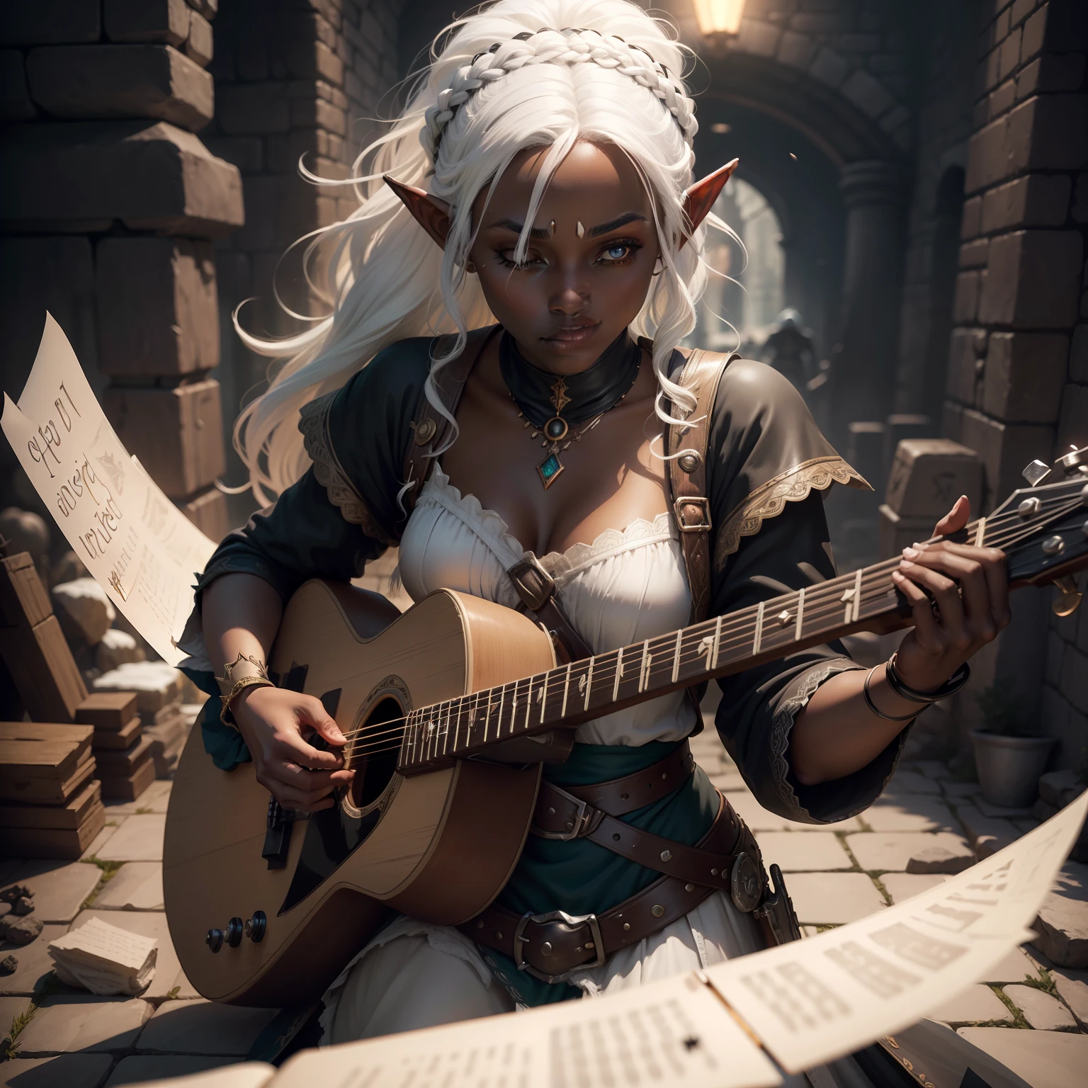 a woman dressed as a elf holding a guitar, hyperrealistic d & d fantasy art, ( ( black skin ) ), ( ( white hair ) ), trending on character design, card art, spotlight on subject, keyframe, in a dungeon background, vintage, enchantress, cleric, high res render, featured on artstattion, gig