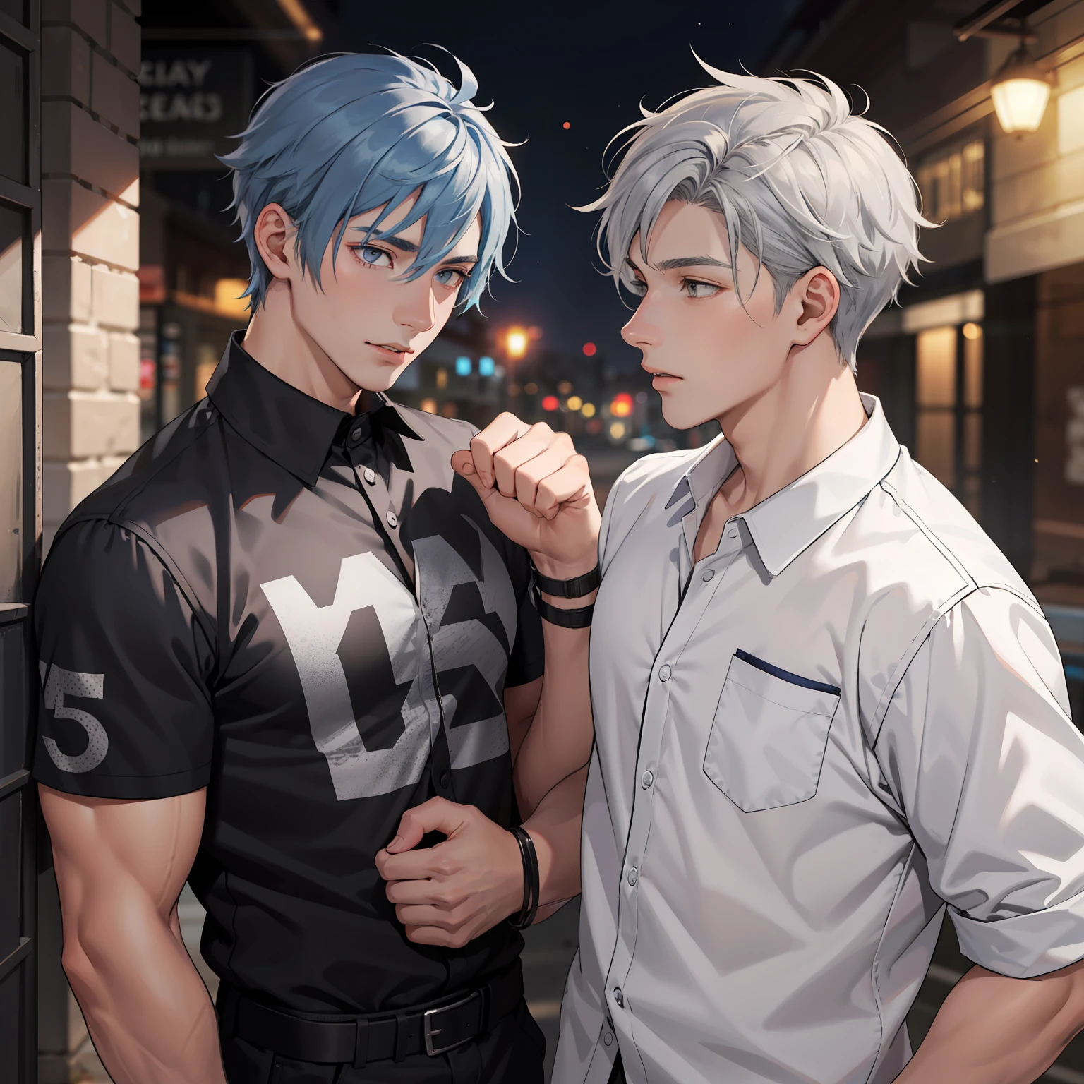 In the background is a silver city Two 15-year-old teenage friends with blue hair, With Latin skin and light gray hair on the outskirts of a large silver city they are talking about an important topic they are friends almost like brothers.......