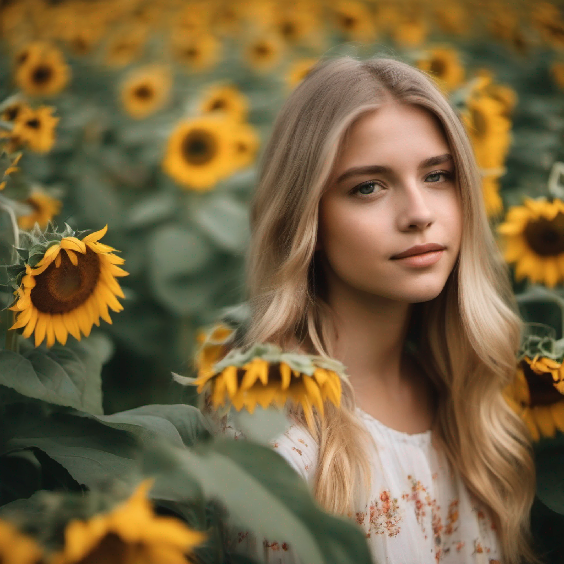 Girl with highlighted shoulder-length blonde hair in sunflowers
