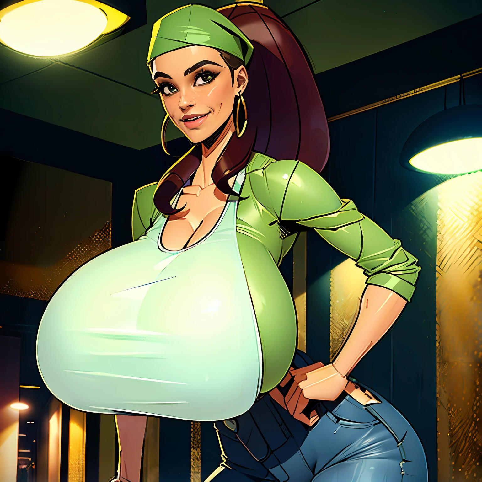 1girl, short busty petite brunette comic book woman, gorgeous face, masterpiece, beautiful, high quality, high definition, superb quality, highly detailed, insane detail, hands on ????, happy, smiling, ???? pose, hand on hip, long hair, huge ponytail, slim, thin, athletic, womanly, rubbery, elastic woman, (jacket and tank top, olive-colored jacket, blue jeans, do-rag, do rag, tight tank top), rubber body, brunette, (((????????????????, gigantic ?????, massive ????, slim waist, overflowing ???????, too big for her top))), city, soft lighting, natural lighting, natural color, heroic, cheerful, (bold nose, hawkish facial features),