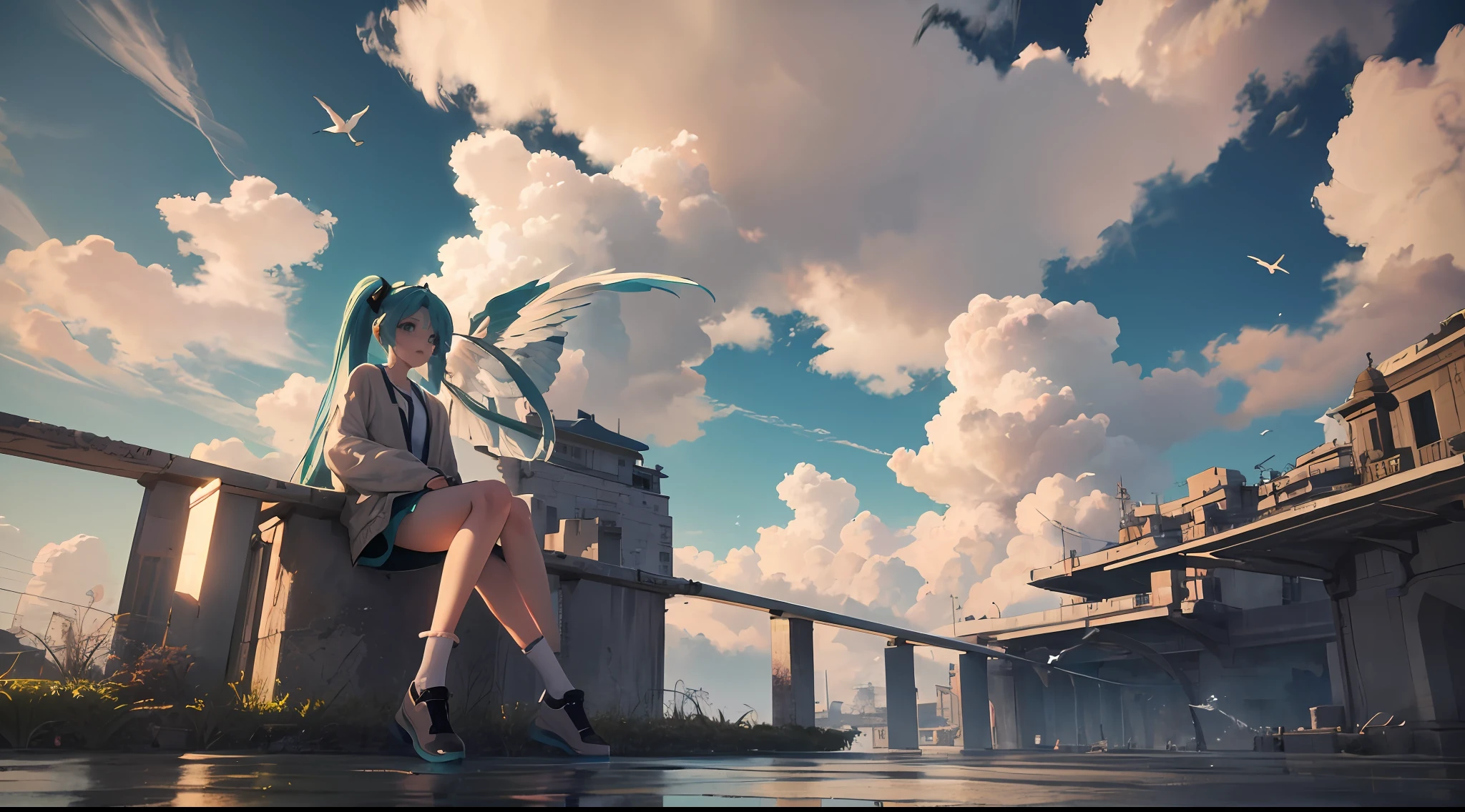 hatsune miraku, sitting, front view, wide angle, looking at the viewer, on the clouds, clouds, detailed birds, detailed appearance, octane renderer, realistic 3D, sunlight, actual rendering, screen space reflection, ssao, water reflection, underground scattering, edge lighting