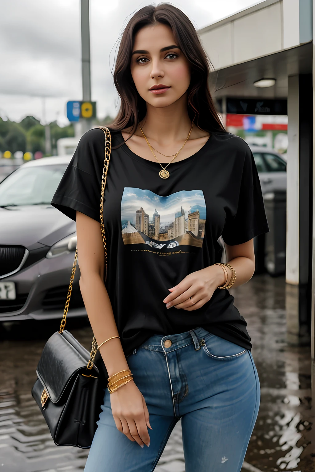 ((Best Quality, 8k, Masterpiece:1.3)), Focus: 1.2, Perfect Body Beauty: 1.4, Arabian 27 years old woman: 1.2, ((Long black Hair)), (Black plain Baggy basic tee-shirt:1.1) , basic full body length tee-shirt (Rain, Street:1.3), Dark gray low rise skinny jeans, long jeans: 1.1, Highly detailed face and skin texture, Detailed eyes, Double eyelids, toned body, Whitened skin, minor smile, large breasts, toned firm legs, long heel's, whitened skin, detailed eyes and face, middle eastern woman, baggy medium size basic tee-shirt, simple plain Baggy Tee-shirt, toned hips, 8K UHD, gold anklets, neck gold chain, model looks, apocalypse city, carrying brown leather hand bag, rainy weather, dark clouds, hold wrist watch, bracelet, bangle's open legs style Posing, rainy atmosphere, standing old gas station, vintage Mazda classic