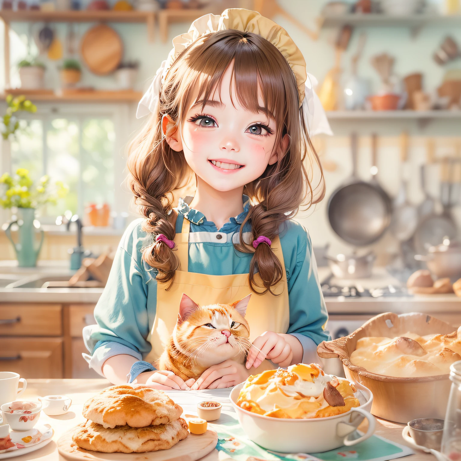watercolor paiting、Baking Scene、5Year old girl、brown haired、1 cute cat、Bright kitchen、Bright smile、Apron Dresses, disney cartoon, Perfect quality, Clear focus (mess-house: 0.8), (Bokeh) (Best Quality) (Detailed skin: 1.3) (Intricate details) (8K) (Detail Eyes)