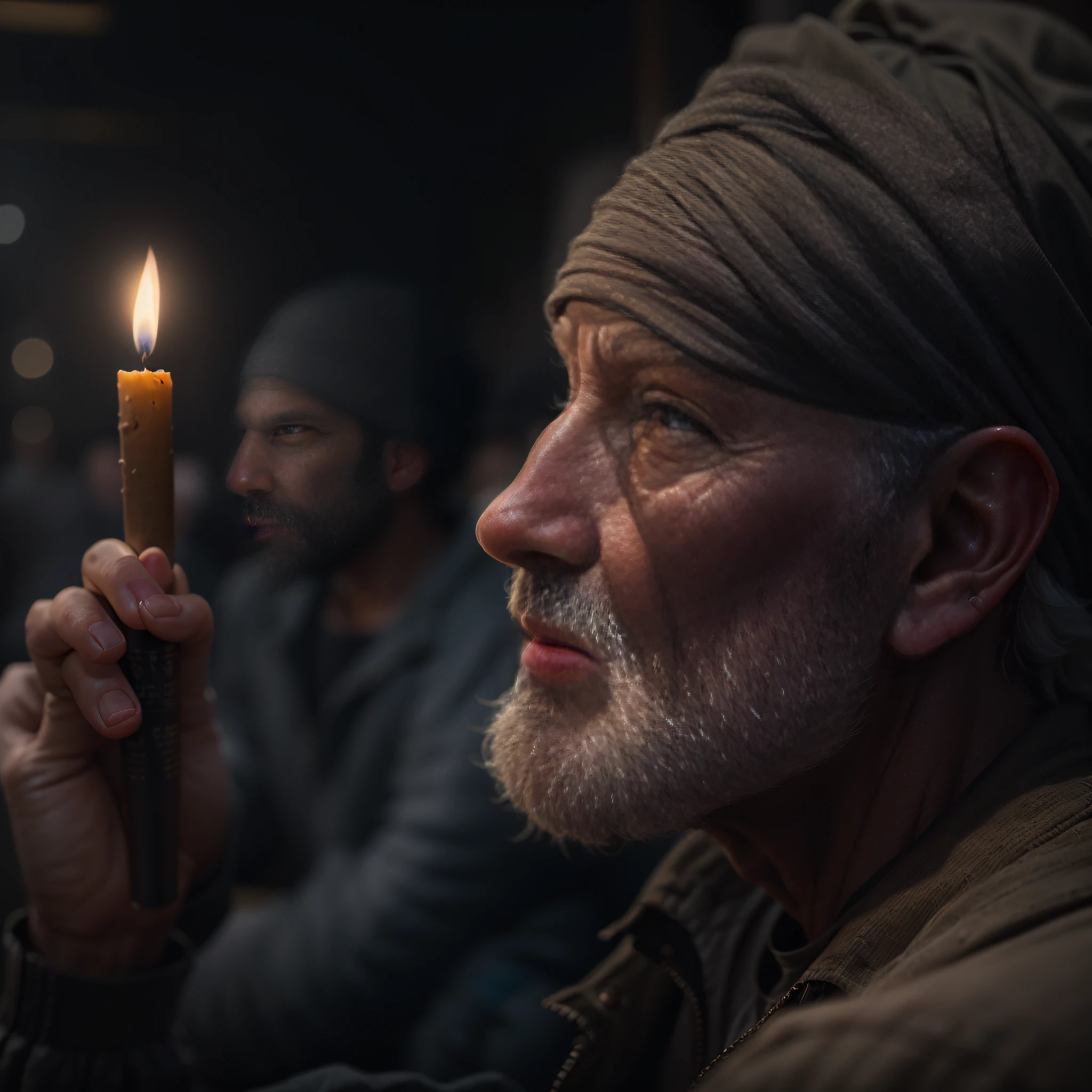 (8k, RAW photo, best quality, masterpiece: 1.2), (realistic, photorealistic: 1.4) elderly man holding a candle, dark environment inside a coal mine, turban on his head, photo, masterpiece, realistic, realism, photorealism, high contrast, 8k HD high definition detailed realistic, detailed, skin texture, hyperdetailed, realistic skin texture, best quality, ultra high resolution, photorealistic: 1.4, high resolution, detailed, raw photo, sharp, realistic texture hyper realistic dramatic lighting