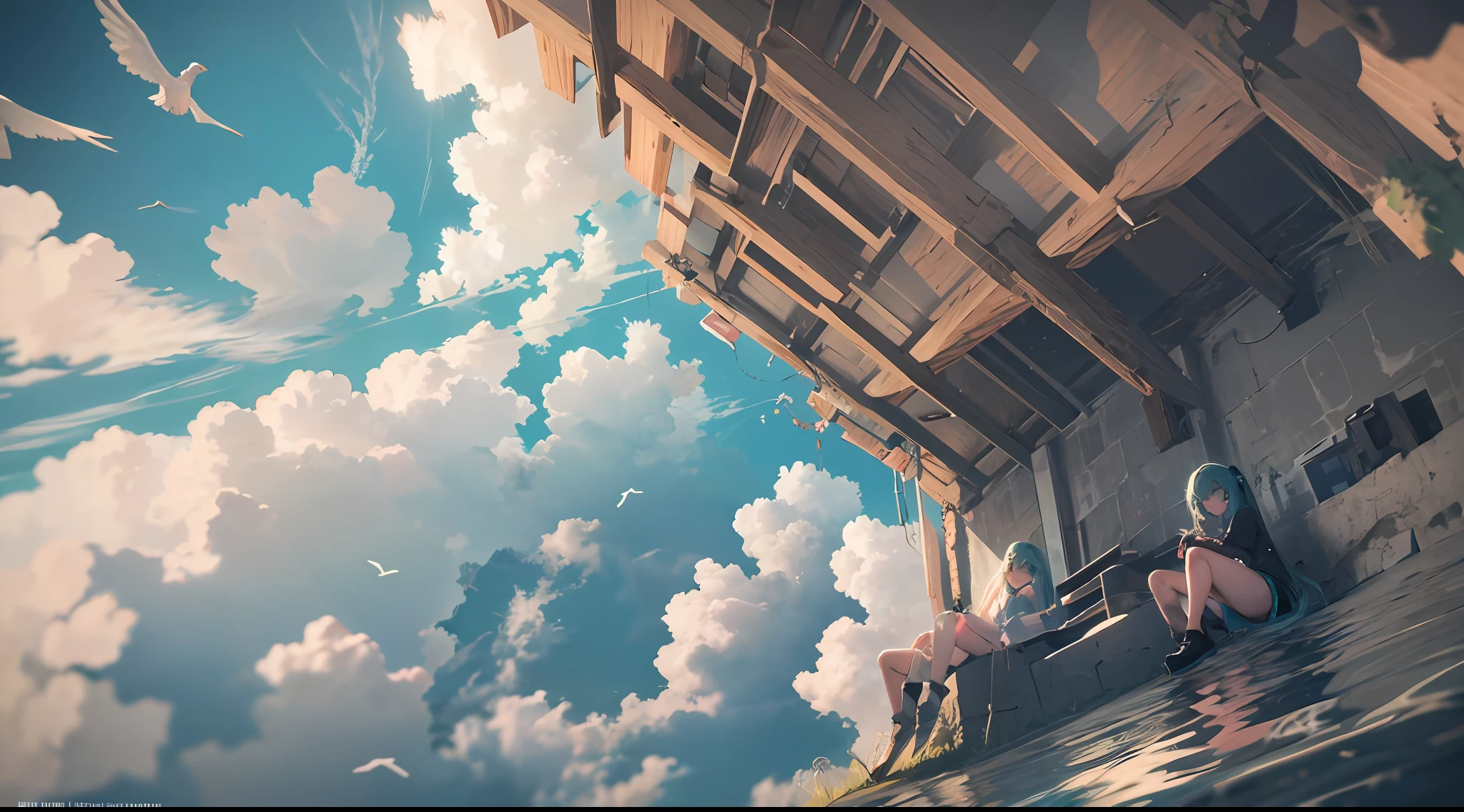 hatsune miraku, sitting, front view, wide angle, looking at the viewer, on the clouds, clouds, detailed birds, detailed appearance, octane renderer, realistic 3D, sunlight, actual rendering, screen space reflection, ssao, water reflection, underground scattering, edge lighting