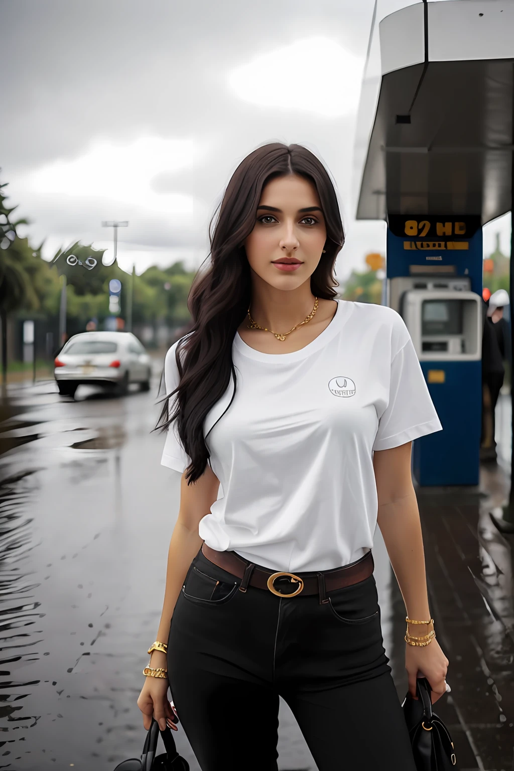 ((Best Quality, 8k, Masterpiece:1.3)), Focus: 1.2, Perfect Body Beauty: 1.4, Arabian 27 years old woman: 1.2, ((Long black Hair)), (Black plain Baggy basic tee-shirt:1.1) , basic full body length tee-shirt (Rain, Street:1.3), Dark gray low rise skinny jeans, long jeans: 1.1, Highly detailed face and skin texture, Detailed eyes, Double eyelids, toned body, Whitened skin, minor smile, large breasts, toned firm legs, long heel's, whitened skin, detailed eyes and face, middle eastern woman, baggy medium size basic tee-shirt, simple plain Baggy Tee-shirt, toned hips, 8K UHD, gold anklets, neck gold chain, model looks, apocalypse city, carrying brown leather hand bag, rainy weather, dark clouds, hold wrist watch, bracelet, bangle's open legs style Posing, rainy atmosphere, standing old gas station, vintage Mazda classic