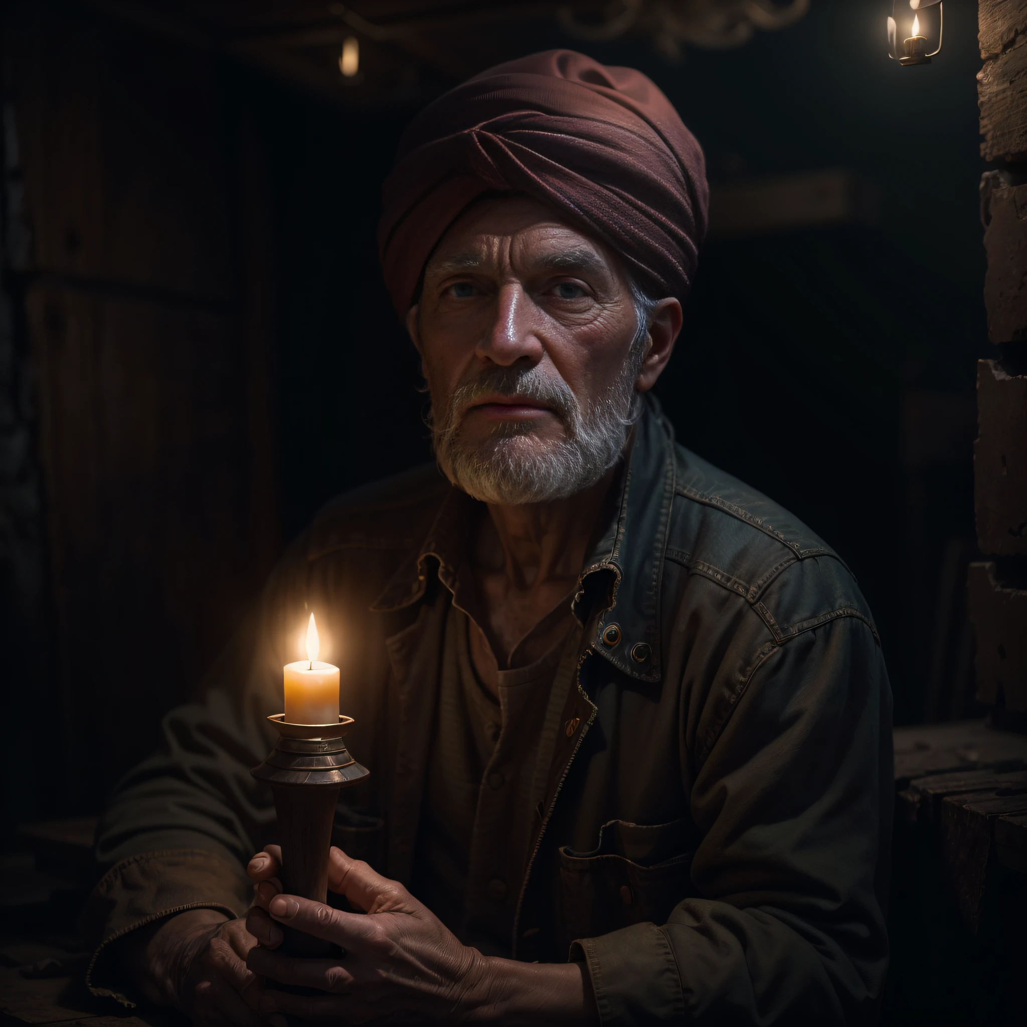 (8k, RAW photo, best quality, masterpiece: 1.2), (realistic, photorealistic: 1.4) elderly man holding a candle, dark environment inside a coal mine, turban on his head, photo, masterpiece, realistic, realism, photorealism, high contrast, 8k HD high definition detailed realistic, detailed, skin texture, hyperdetailed, realistic skin texture, best quality, ultra high resolution, photorealistic: 1.4, high resolution, detailed, raw photo, sharp, realistic texture hyper realistic dramatic lighting
