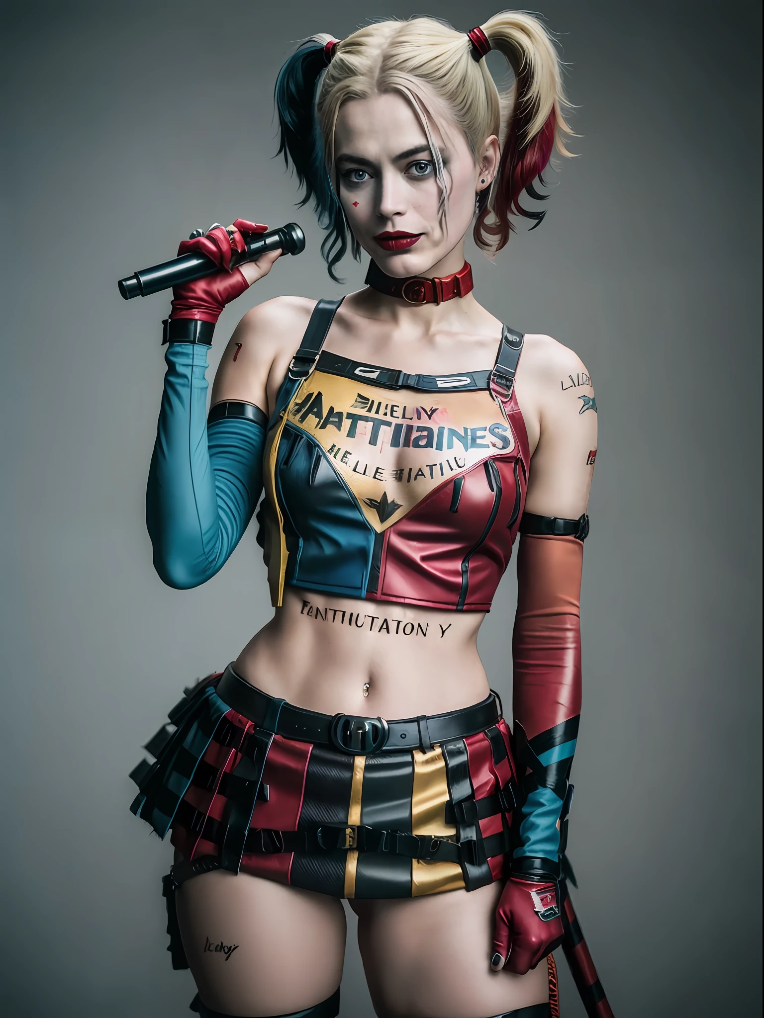 ((Arlequina de "Birds of Prey - Harley Quinn and her Fantabulous Emancipation")), inspirada em Margot Robbie, auto retrato hiper-realista, 8k UHD, DSLR, grain of film, pintura fotorrealista Fujifilm XT3 arte midjourney, ((corpo inteiro)),