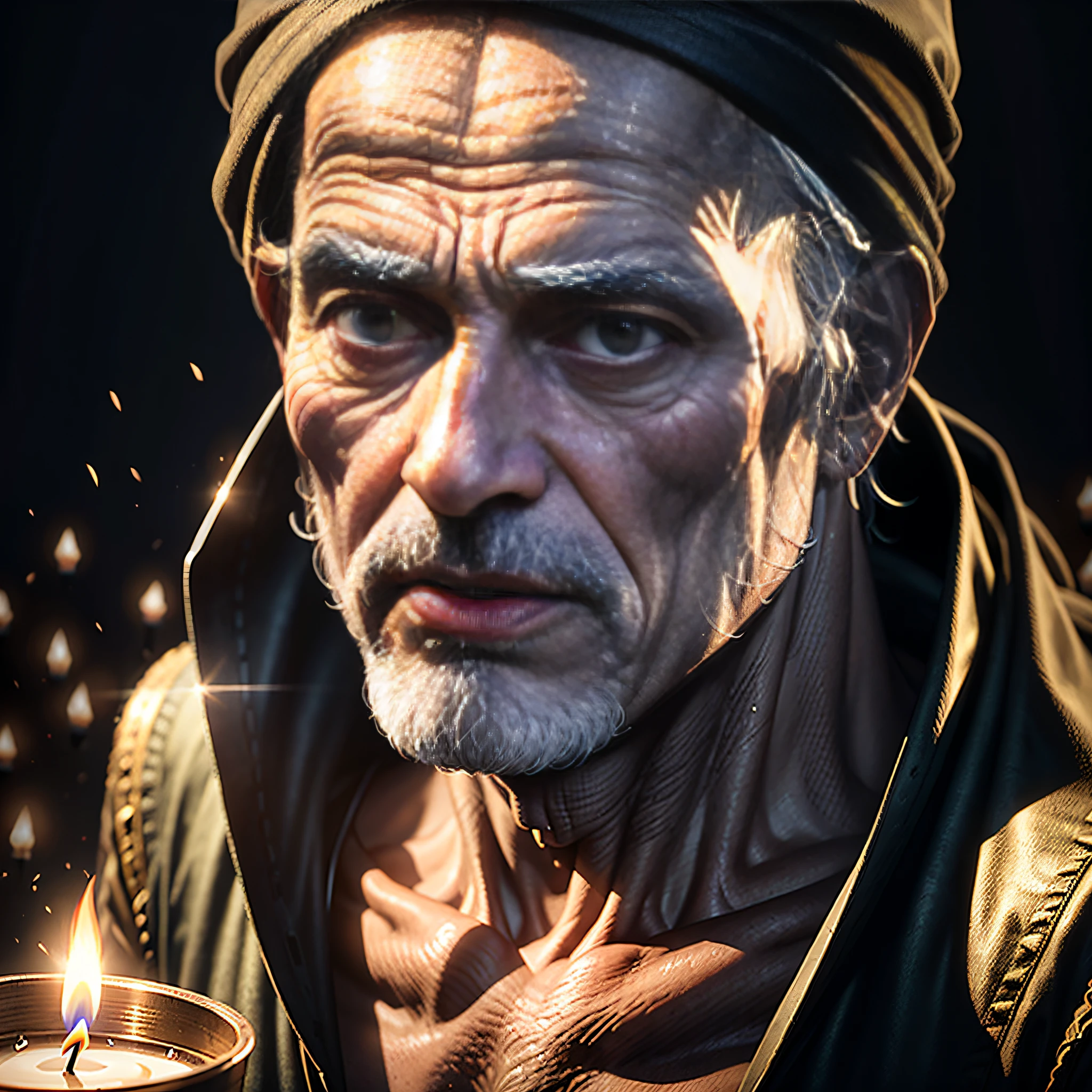 (8k, RAW photo, best quality, masterpiece: 1.2), (realistic, photorealistic: 1.4) elderly man holding a candle, dark environment inside a coal mine, turban on his head, photo, masterpiece, realistic, realism, photorealism, high contrast, 8k HD high definition detailed realistic, detailed, skin texture, hyperdetailed, realistic skin texture, best quality, ultra high resolution, photorealistic: 1.4, high resolution, detailed, raw photo, sharp, realistic texture hyper realistic dramatic lighting