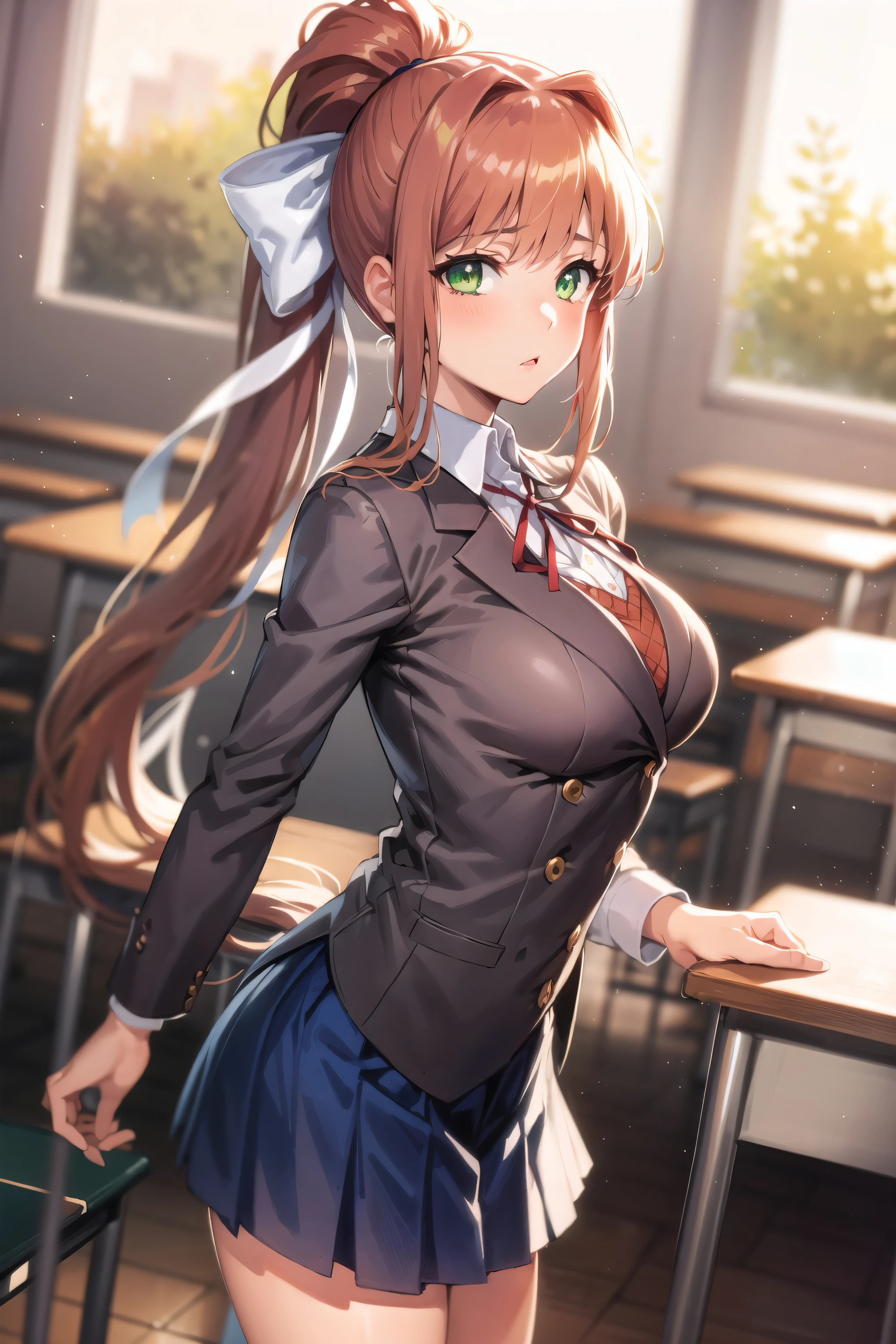 masterpiece, best quality, anime, highly detailed, 1girl, solo, school uniform, standing, classroom, monika, green eyes, brown hair, very long hair, ponytail, hair ribbon, white ribbon,