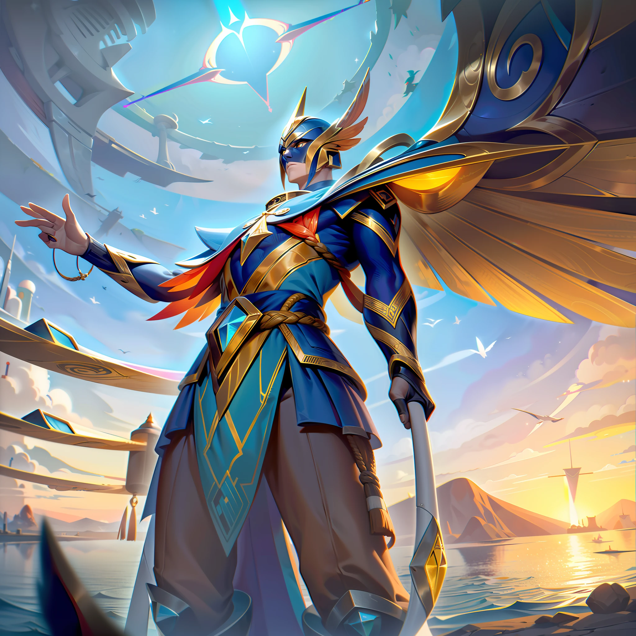 Na arte splash da pele base, Ryzhepy, The Inspiring Captain, assume o centro do palco, exuding an air of confidence and leadership. Its avian features are brought to life with majestic wings extending from its back, suas penas cintilantes com cores vibrantes, remembering the tones of the sky at dawn. Seu meio-humano, The semi-avian appearance shows its unique lineage, with keen eyes shining with determination and wisdom. Ryzhepy's captain's costume mixes human and avian elements, adorned with navigational instruments, Compasso, and intricate nautical motifs, highlighting your experience navigating the skies without limits. Around his neck, a hanging compass pendant, pointing you in the direction of your next big adventure. In one hand, He holds his trusty compass, enquanto o outro agarra um mapa desgastado, symbolizing his relentless quest for unity among the heavens. Um leve brilho o rodeia, a representation of the uplifting aura he radiates to inspire his allies. The background shows Mahoutori's inspiring scenery, with floating islands and airships adorning the skies, a testament to his sea escapades. With a look of steel and a sense of purpose, Ryzhepy stands as a beacon of hope and leadership, pronto para zarpar e inspirar todos os que ousam sonhar ao seu lado no maravilhoso mundo de Chrysogi.
