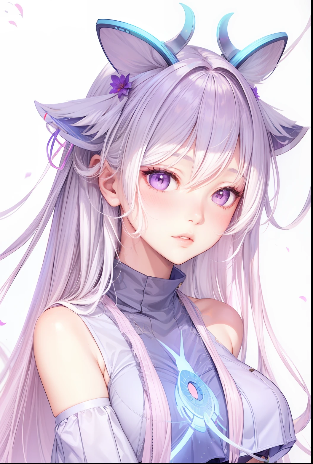 realistic, 1girl, white hair, purple eyes, glowing eyes, crop top, skirt, parted lips, blush, night, flowers, sun, sunlight,