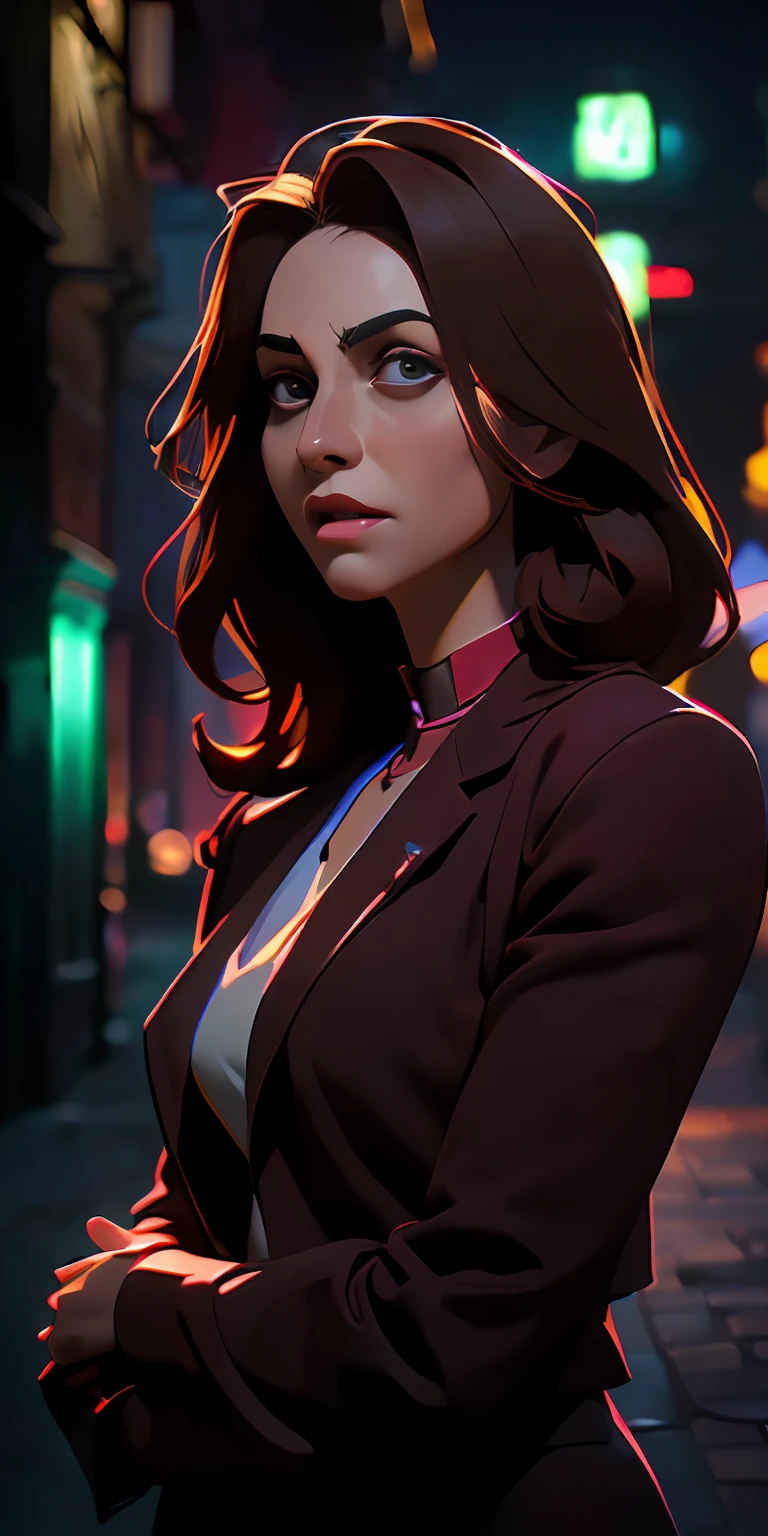 (Character: one Israeli woman, 30 years old, brunette, medium hair)
    (Clothing: wine red lawyer clothes)
(Background: dark alley at night:1.3, intense urban lights in background) 
(Style: ((masterpiece:1.5)), (face detailed), photo-realistic:1.3, hyperrealistic, film grain, realistic lighting, backlighting:1.3)