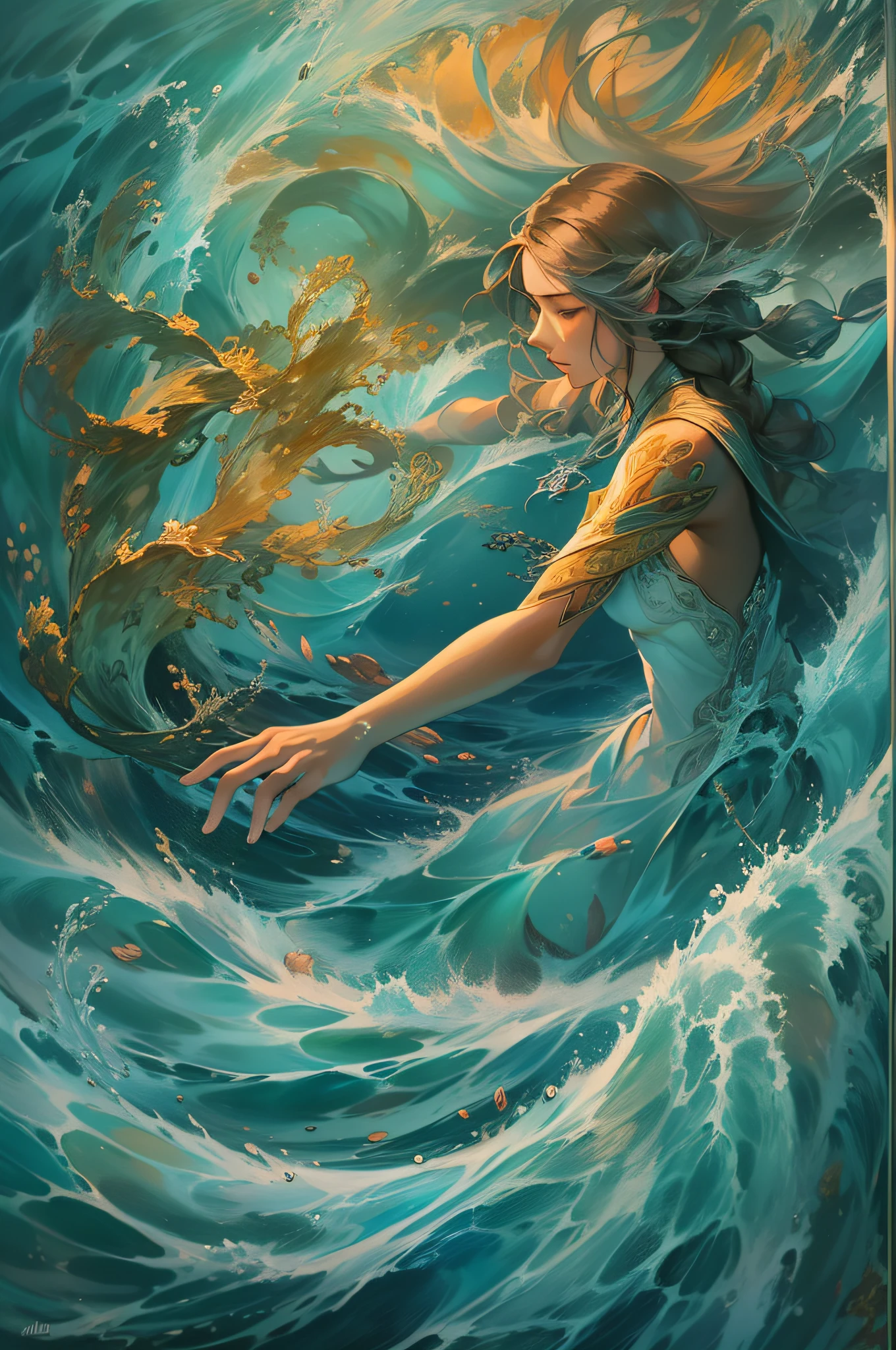 A girl with long, flowing braid controlling swirling waves of water with her hands, each wave taking the form of mythical sea creatures, a mesmerizing display of power and grace, the sunlight filtering through the waves creating a dazzling underwater scene, Artwork, acrylic painting on canvas, capturing the vibrant colors and intricate details of the sea creatures,