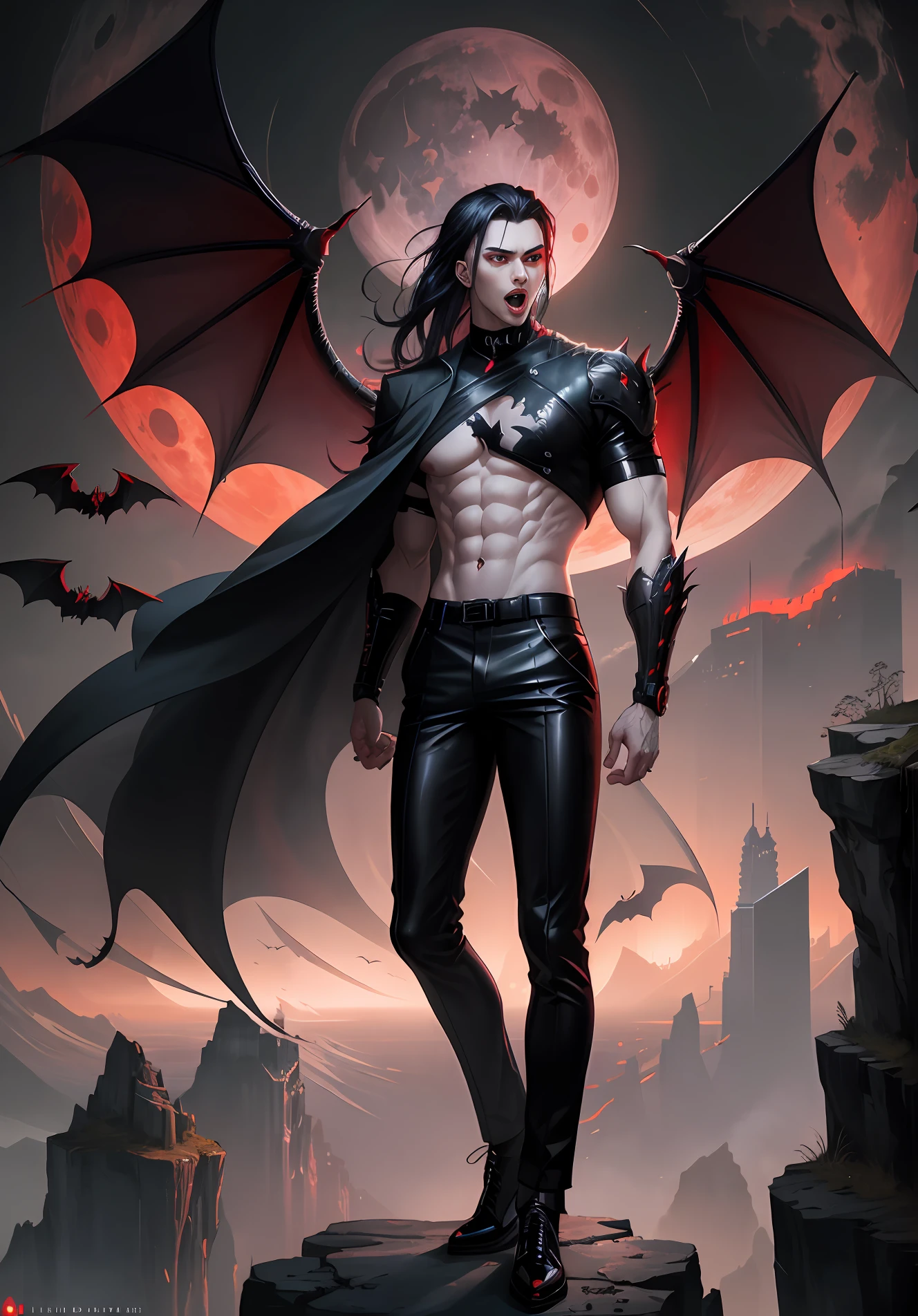 male, young, red eyes, open mouth, tall, medium muscular, arms outstretched, glossy black pants, bats flying around, night, red moon behind, standing on a cliff, overlooking a city, in abstract art style,  dressed in white and black with red eyes, cyberpunk art by Li Di, cgsociety, gothic art, gothic, vampire