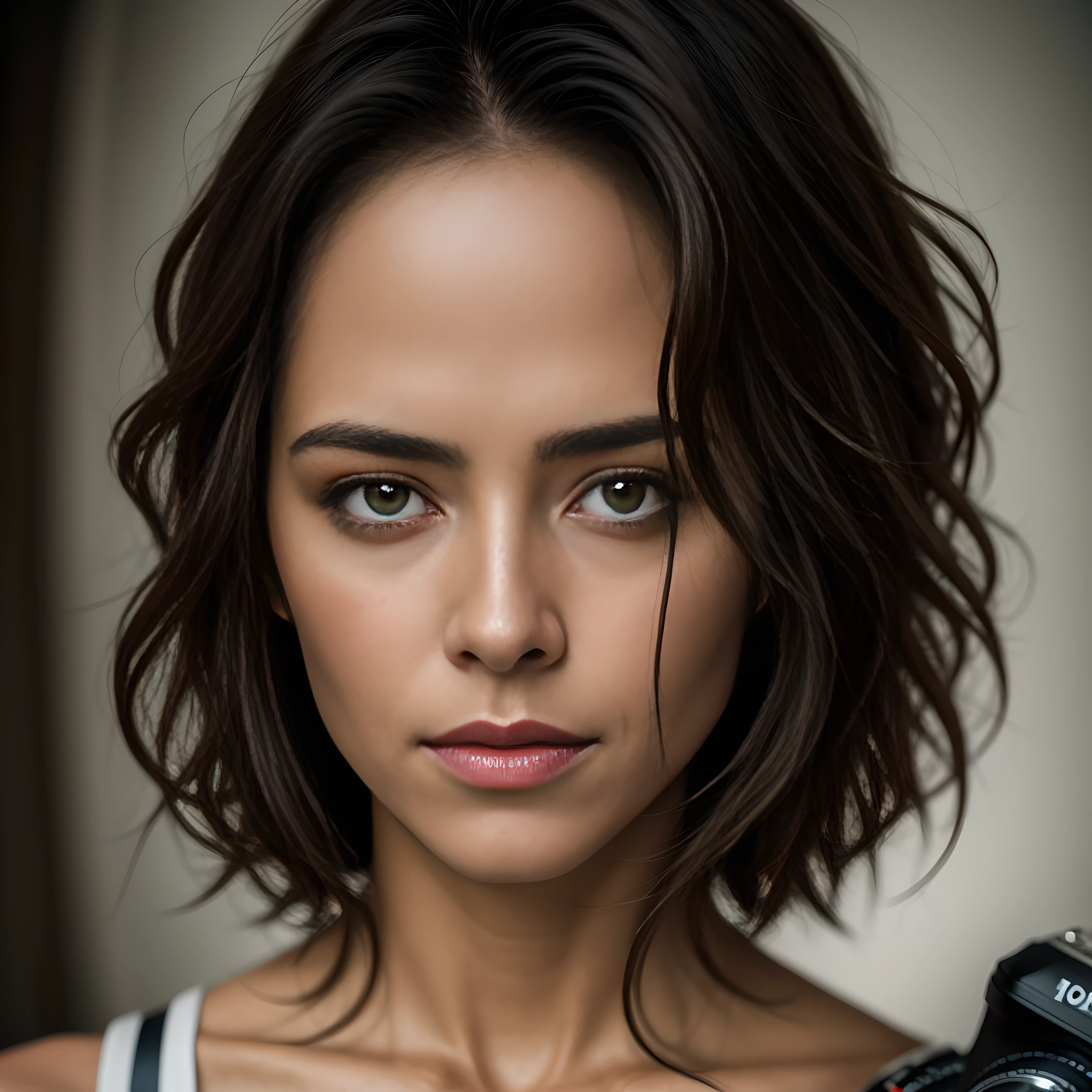 1mulher fotografa profissional, with a professional camera, em um ambiente da National Geographic, Altura total, hiper-realista, pequenos detalhes insanos, linhas extremamente limpas, 8k UHD, DSLR, grain of film, Pintura fotorrealista, Arte MidJourney, ((autoretrato do rosto frontal, Photography movie cinematic))