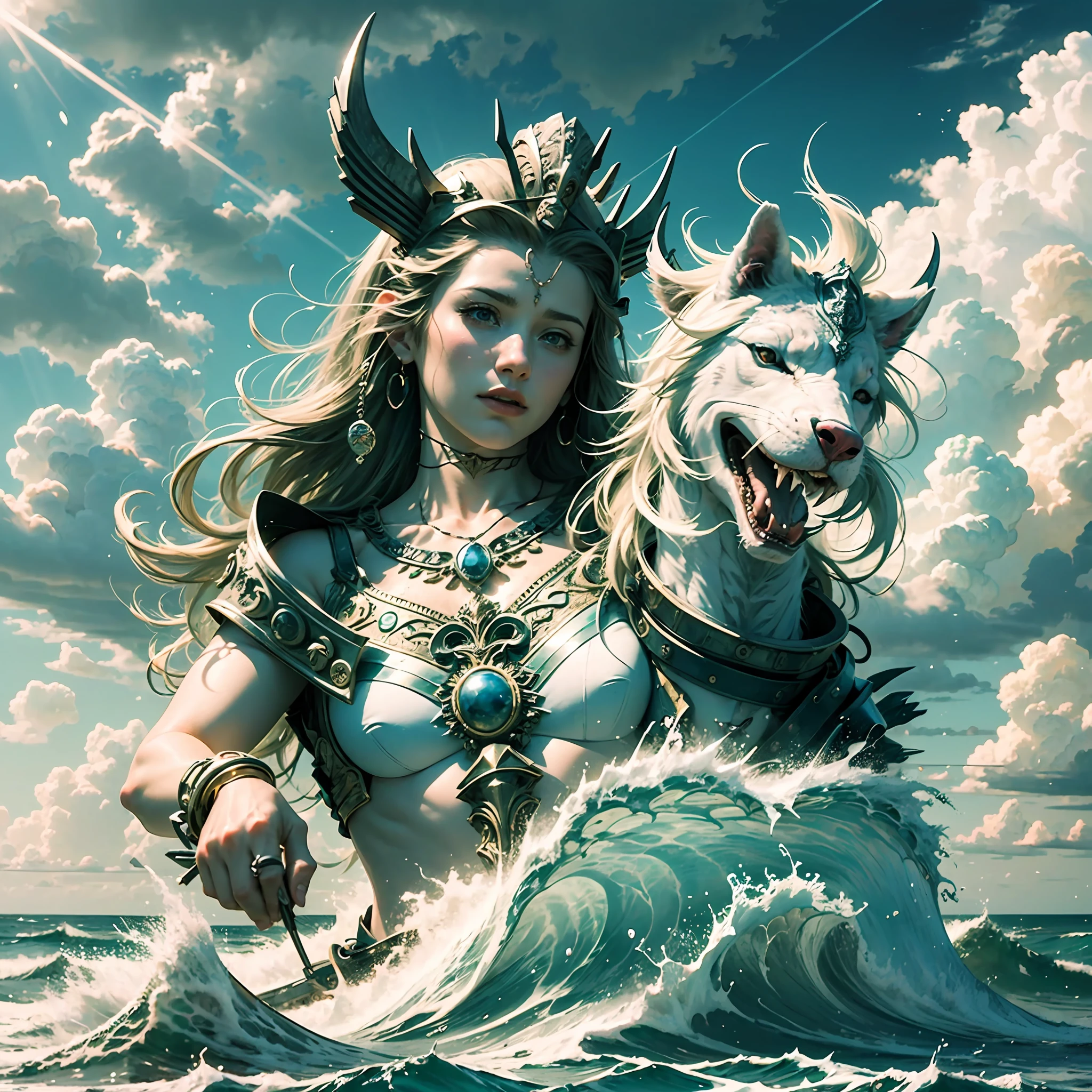 a magnificent and imposing vision of Poseidon, gigantic, taming the waves of a sea in the middle of a storm, half-open sky, with some rays of sunlight passing through the clouds, rough sea, waves in motion and Poseidon in the middle controlling the sea, god of the seas in greek mythology, greek mythology, history of greece, fabulous vision, awe-inspiring, fantastic realism, intricate details, best picture, realism, high definition, masterpiece. --auto --s2