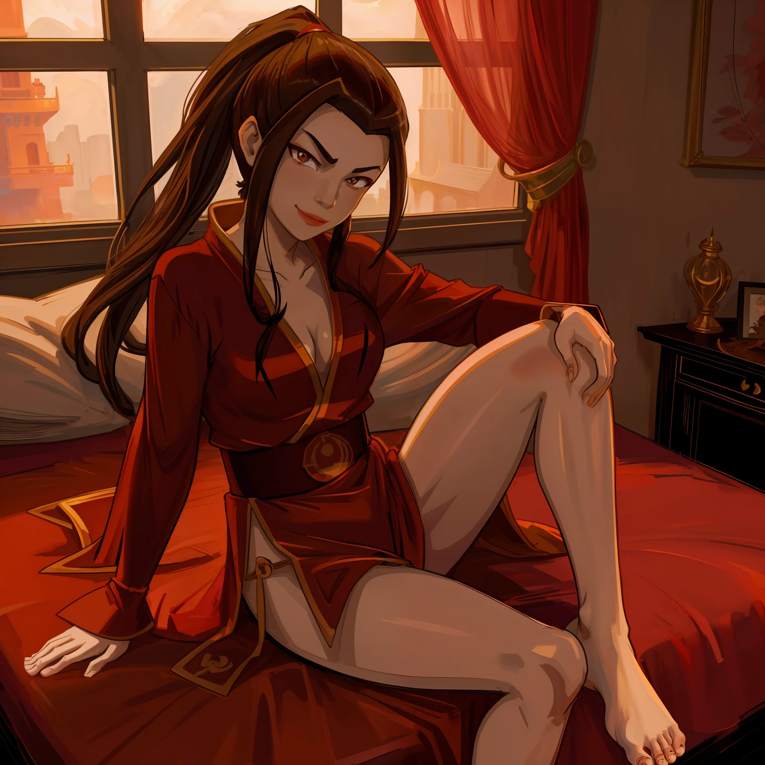 [azula], [(Avatar_the_Last_Airbender)], ((masterpiece:1.4)), ((high res:1.4)), ((High definition)), ((detailed shading)), ((beautiful solo portrait)), ((1girl)), ((full body)), ((anime girl)), (beautiful 3D art)), {attractive; (brown hair), (long ponytail), (beautiful maroon eyes), (smile), curvaceous hips, beautiful lips, (defined leg muscles), (beautiful legs), (beautiful feet)}, {(dark red robe), (cleavage)}, (sitting on bed), (attractive pose), [background; bedroom, window, sunny, dark lighting]