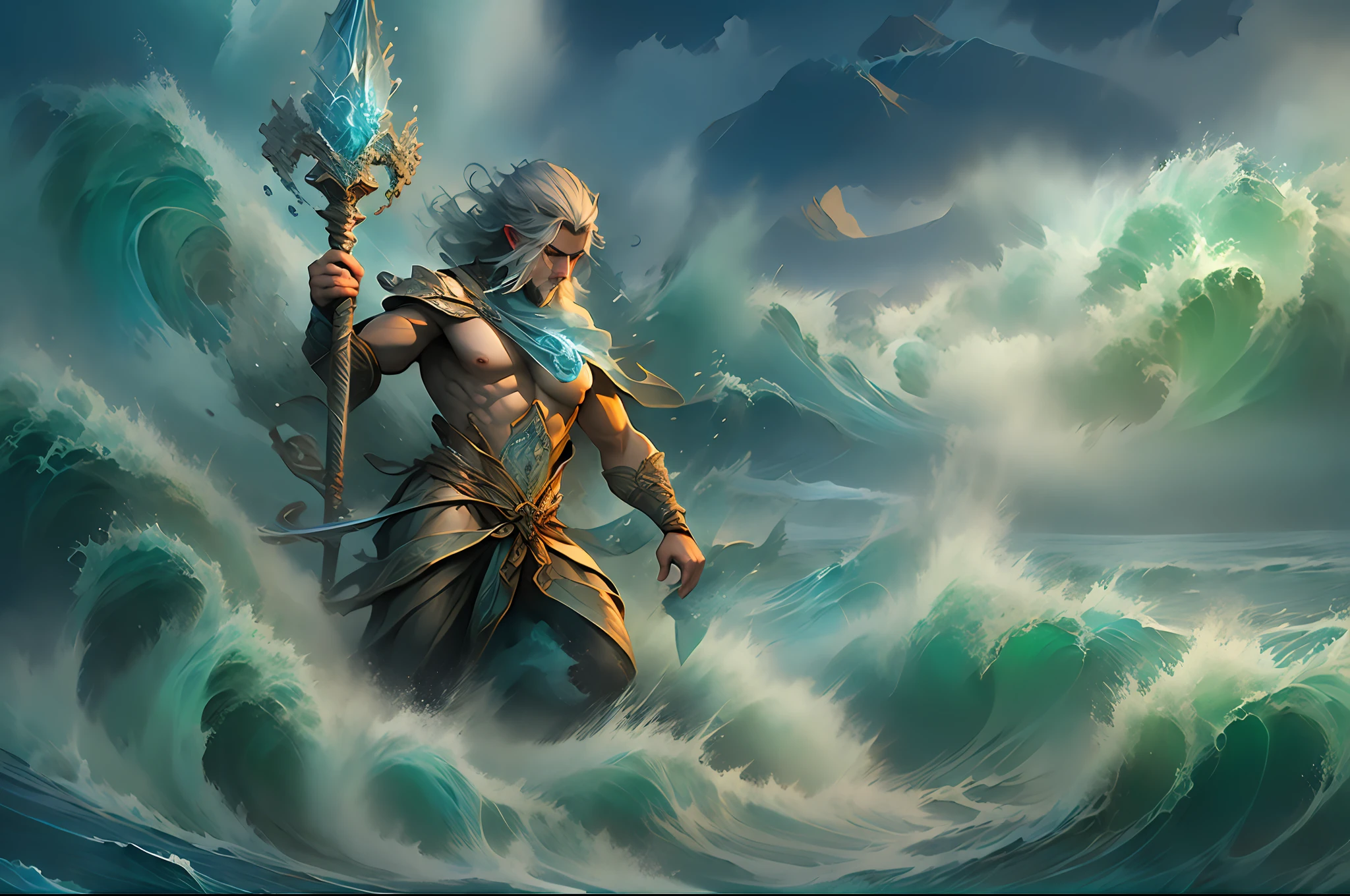 Poseidon, the mighty Greek god of the sea, commanding the ocean with his trident, surrounded by crashing waves, powerful currents, and a stormy sky.