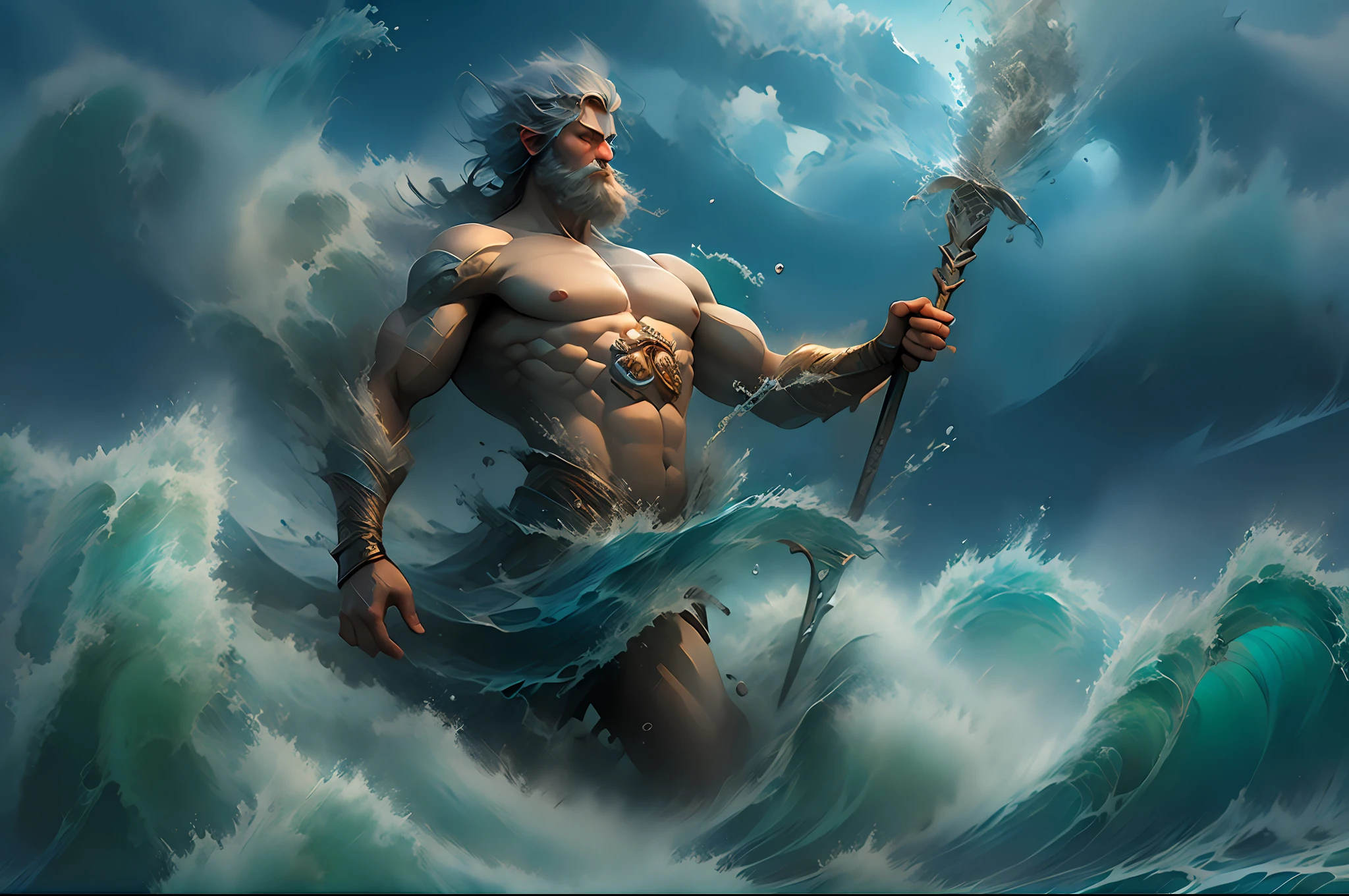 Poseidon, the mighty Greek god of the sea, commanding the ocean with his trident, surrounded by crashing waves, powerful currents, and a stormy sky.