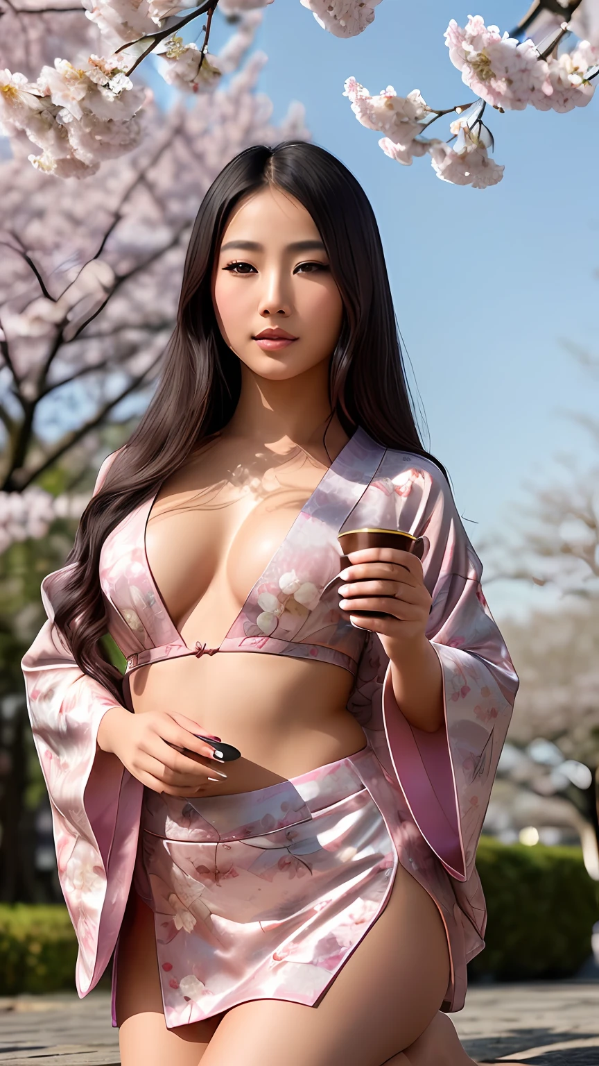 (RAW, analogue, Nikon Z 14mm ultra-wide angle lens, award-winning glamour photograph, ((best quality)), ((masterpiece)), ((realistic)), skin pores, ray-tracing, tessellation, subsurface scattering, radiant light rays, high-res, detailed facial features, sharp focus, smooth, aesthetic, extremely detailed, (extremely complex perfect eyes, extremely detailed iris), extremely detailed hair, ((extremely detailed skin)), extremely detailed clothes, photorealistic, realistic, post-processing, max detail, realistic shadows, roughness, natural skin texture, real life, ultra-realistic, photorealism, photography, 8k UHD, HDR, intricate, elegant, highly detailed, sharp focus, stunning, beautiful, gorgeous), the most beautiful young Asian female ((wearing a kimono)) (on knees under a cherry blossom tree, (drinking tea)), shy expression, (Asian architecture in the background), cleavage, perfect body, perfect small natural breasts, a perfect tight bum, ((head tilted up)), pure photo, serine, peaceful, asian scripture, asian tattoos