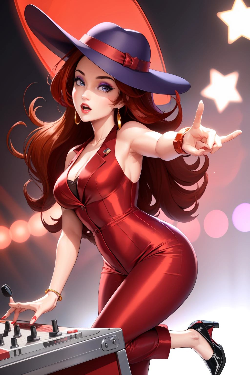 A solo shot featuring  pauline
red headwear, sleeveless red dress, high heels
purple hat, red jacket, red pants, high heels r a DJ, showcasing her skills on the turntables at a vibrant rave.