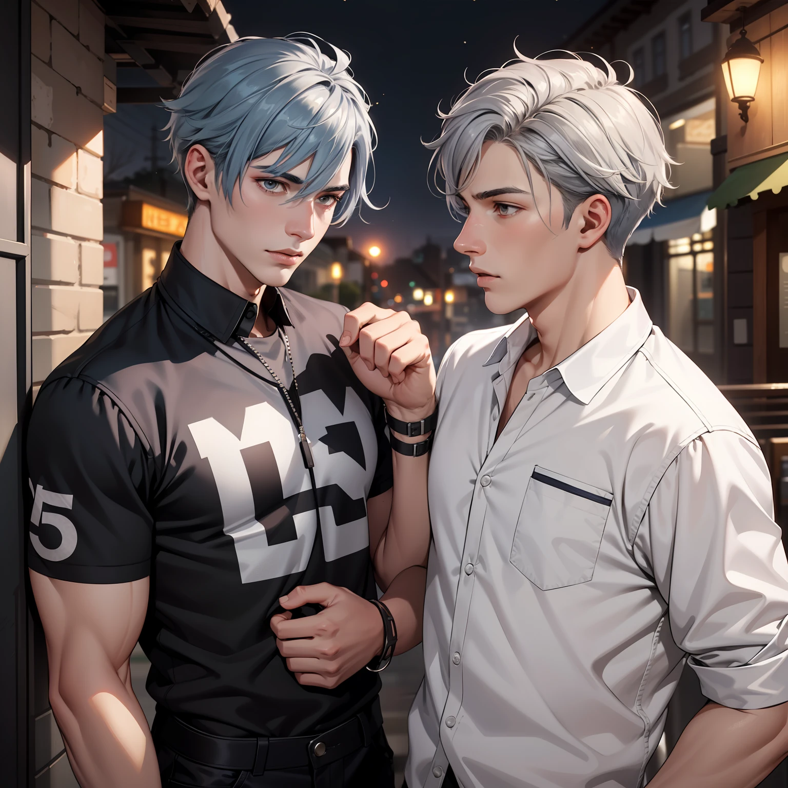 In the background is a silver city Two -yeld tege friends with blue hair, With Latin skin and light gray hair on the outskirts of a large silver city they are talking about an important topic they are friends almost like brothers........