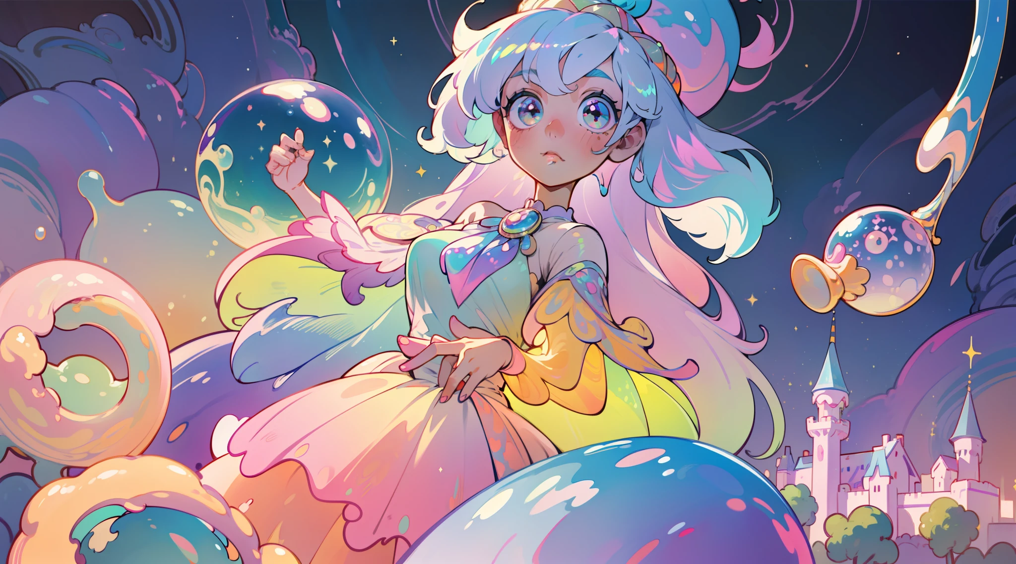 masterpiece, best quality, 8k resolution, sharp focus, intricate detail, beautiful girl, sparkling eyes, golden ratio face, otherworldly liquid, watercolor, ((pastel colors)), bright colors, whimsical, colorful, sharp focus, high resolution, fine detail, princess fantasy ballgown, ((round eyes)), iridescent bubbles, castle landscape in background