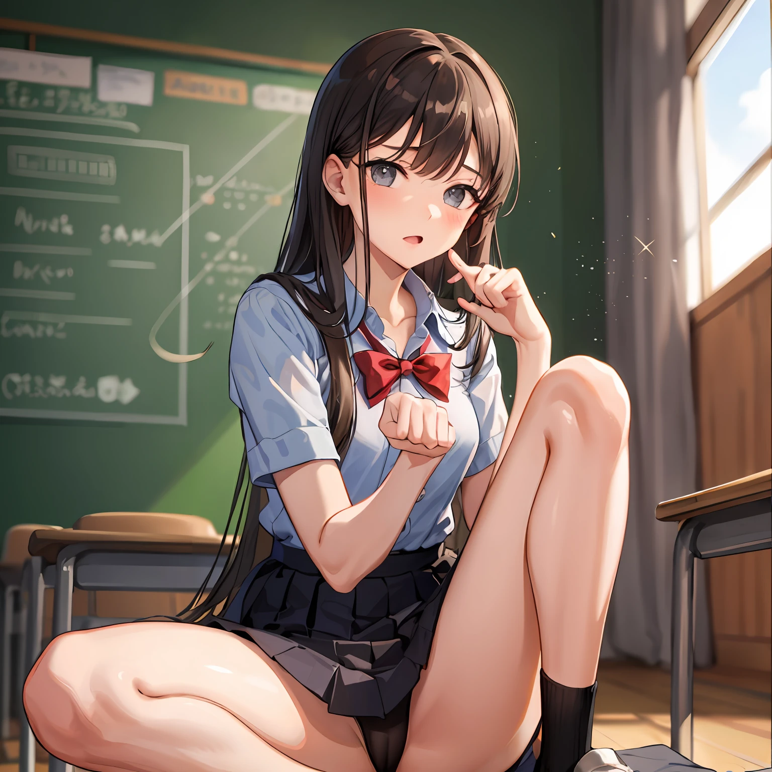 High detail, high quality, masterpiece, (small breasts)), impatient pet pose, school classroom, legs spread