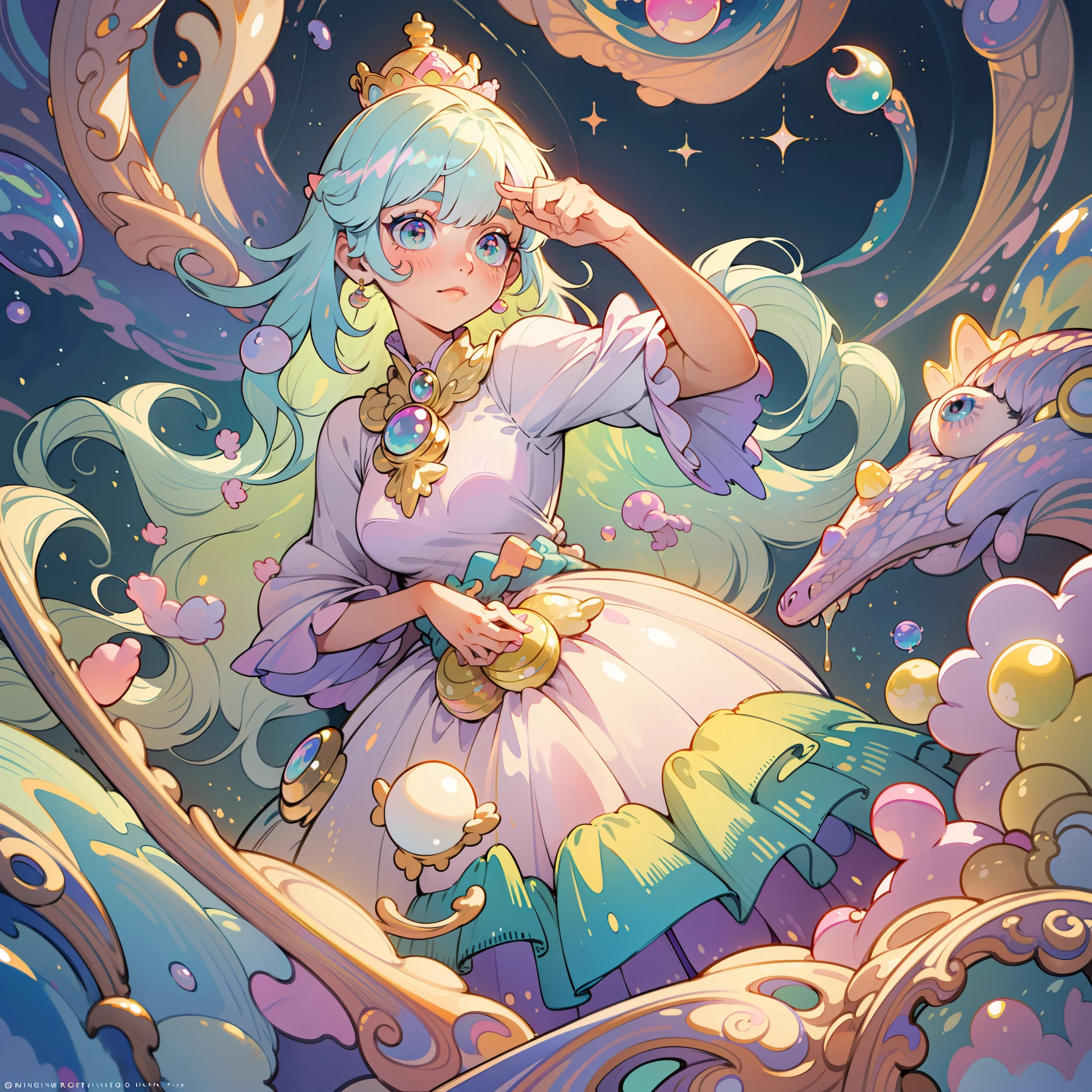 masterpiece, best quality, 8k resolution, sharp focus, intricate detail, beautiful girl, sparkling eyes, golden ratio face, otherworldly liquid, watercolor, ((pastel colors)), bright colors, whimsical, colorful, sharp focus, high resolution, fine detail, princess fantasy ballgown, ((round eyes)), iridescent bubbles, castle landscape in background