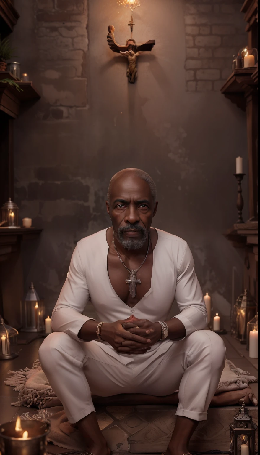 Crie uma imagem hiper realista de um homem velho afrodescendente, 80 anos, olhos brilhantes, cansados e triste, pele negra, cabelos crespo branco, roupa branca , seed paste around the neck. The decoration should be old brick wall with a crucifix, with candlelight lighting. Several candles lit on the floor, with a lot of smoke in an intimate and religious environment. Use a Sony A7 III camera with an 85mm lens at an aperture setting of F 1.2 para desfocar o fundo. Richness in the features of the face, boca e olhos. Crie uma imagem ultrarrealista que captura a beleza natural e a personalidade, dramatic lighting, ..........................3d, VFX, 9:16 cinematic lighting, Estilo Phock, Estilo UltraVector, hyper realistic, cinemactic, Ultra High Definition, HDR, cinemactic, Realistic, precision detailed (moldura para foto) cintura), imagem central, Estilo, bioluminescente, tamanho real 8, 8K resolution