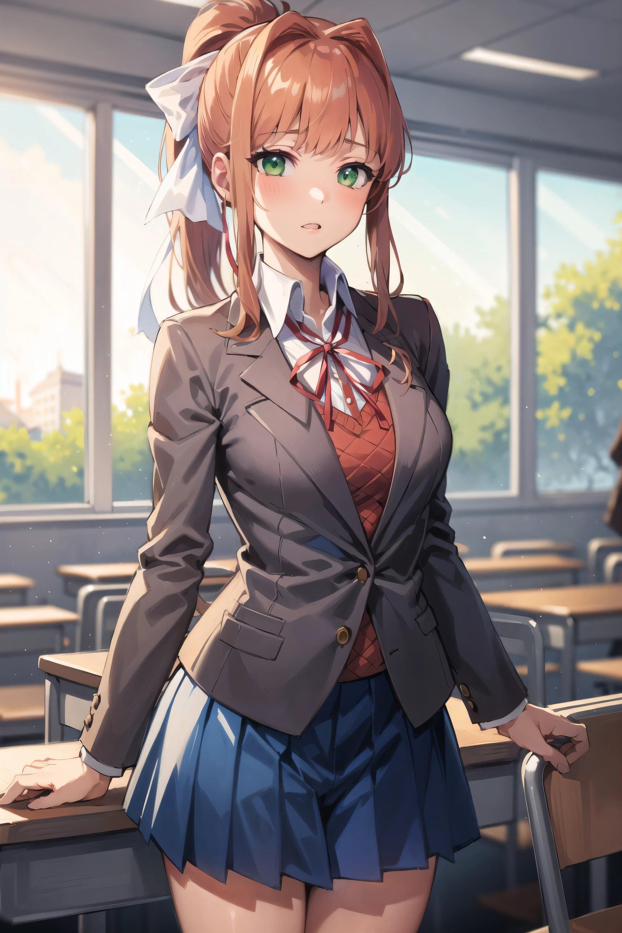 masterpiece, best quality, anime, highly detailed, 1girl, solo, school uniform, standing, classroom, monika, green eyes, brown hair, very long hair, ponytail, hair ribbon, white ribbon,