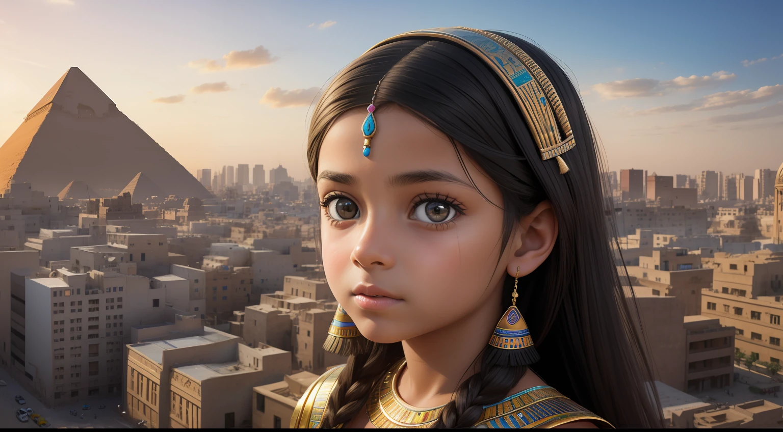 "Generate a hyper-realistic image of a 8--old l from egypt with authentic Egyptian features hair, skin colour, eyes, real, set against a realistic city background, showcasing the best quality and intricate details."