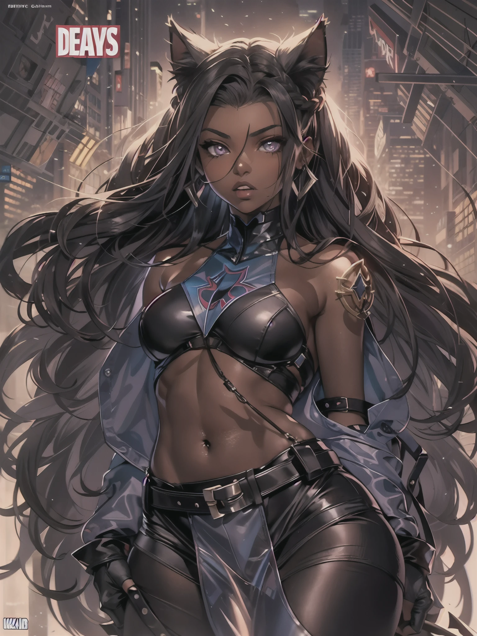 Masterpiece, Excellent, 1girl, solo, complex details, color diffusion, comic book, anime, marvel, DC, catgirl, dark skin, ebony, brown skin, dark-skinned female, thighs, cat ears, dark hair, black hair, braids, dreadlocks, braided hair, purple eyes, skimpy attire, epic attire, assassin, badass, deadly but sexy, trending, demon, goddess, Super Villain