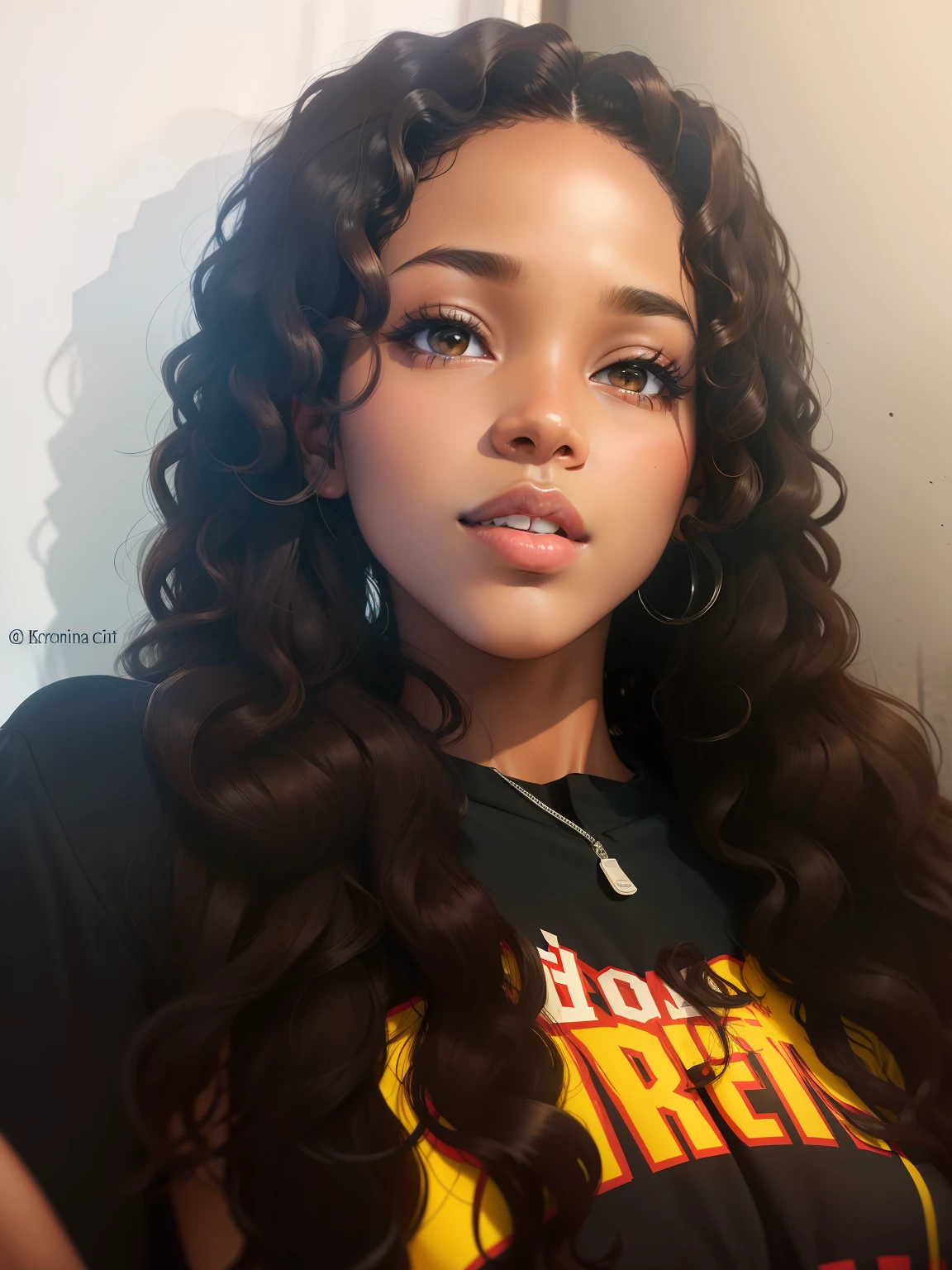 Dark skin, curly brown hair