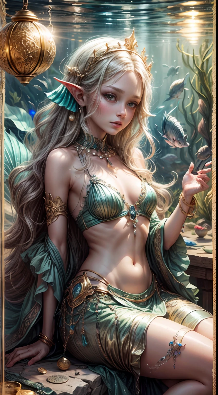 Best Quality, Studio lighting, mermaids, Sea, Stone tablets, elves, Mussel pearls in hand, Crabs, seahorses, Small fish, Gold coins, Expensive jewelry, Lace, Velvet