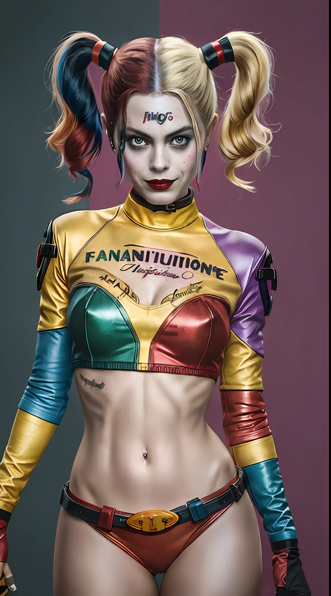 ((Arlequina de "Birds of Prey - Harley Quinn and her Fantabulous Emancipation")), inspirada em Margot Robbie, auto retrato hiper-realista, 8k UHD, DSLR, grain of film, pintura fotorrealista Fujifilm XT3 arte midjourney, ((corpo inteiro)),