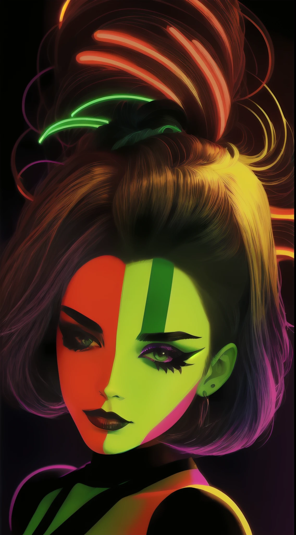 a beautiful woman (1 woman :1.1),wearing neon makeup, in the style of striped compositions, volumetric lighting, bright color blocks, intense lighting and shadow, colorful moebius, electric color, restrained palette