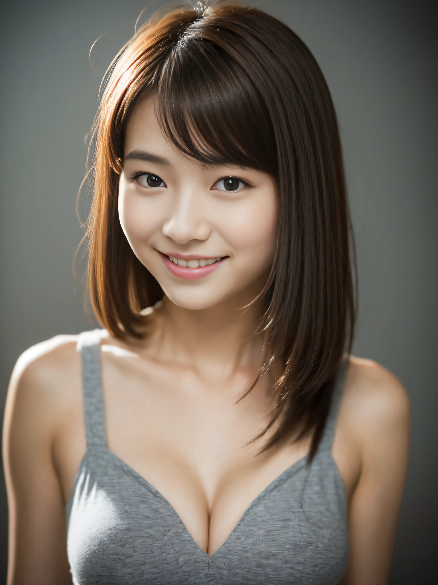 (Masterpiece:1.3), (8k, Photorealistic, RAW Photography, Best Quality: 1.4), (((1girl))), A pretty girl with perfect figure :1.4, Cute girl, Beautiful Face, (Realistic Face), Beautiful Hairstyle, Realistic Eyes, Beautiful Details, (Realistic Skin), Beautiful Skin, Attractive, Ultra High Definition, Ultra Realistic, Very Detailed, (small :1.3), (flat chest), (cleavagJapanese, young student, teen, semi-longly hair, bangs, (Brown hair, small breasts:1.3), ((slie:1.2)), Small buttocks, ((See -through T, gentle smile, sharp focus, The background is gray gradation,
