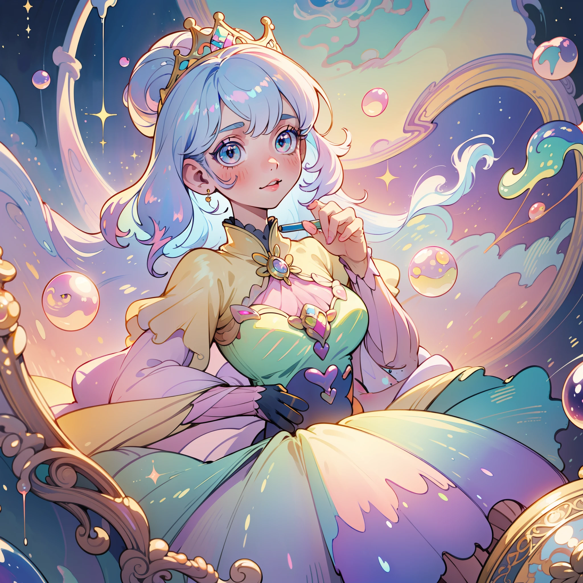 masterpiece, best quality, 8k resolution, sharp focus, intricate detail, beautiful girl, sparkling eyes, golden ratio face, otherworldly liquid, watercolor, ((pastel colors)), bright colors, whimsical, colorful, sharp focus, high resolution, fine detail, princess fantasy ballgown, ((round eyes)), iridescent bubbles, castle landscape in background