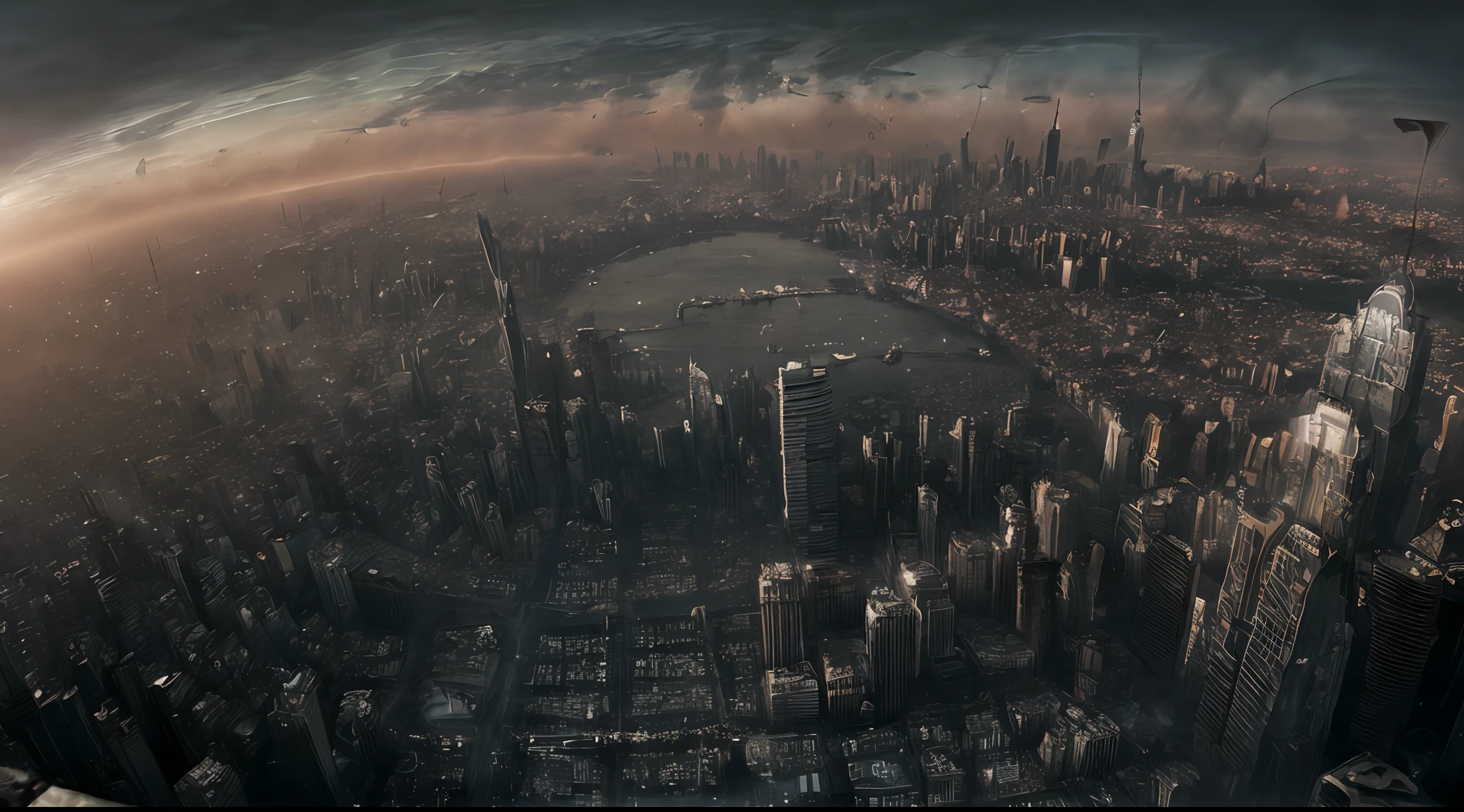 In a cinematic atmosphere, a worm's eye view of a modern city, plagued with crime and anarchy, 4k, wide angle lens, photographic quality, high resolution, dramatic, dystopian