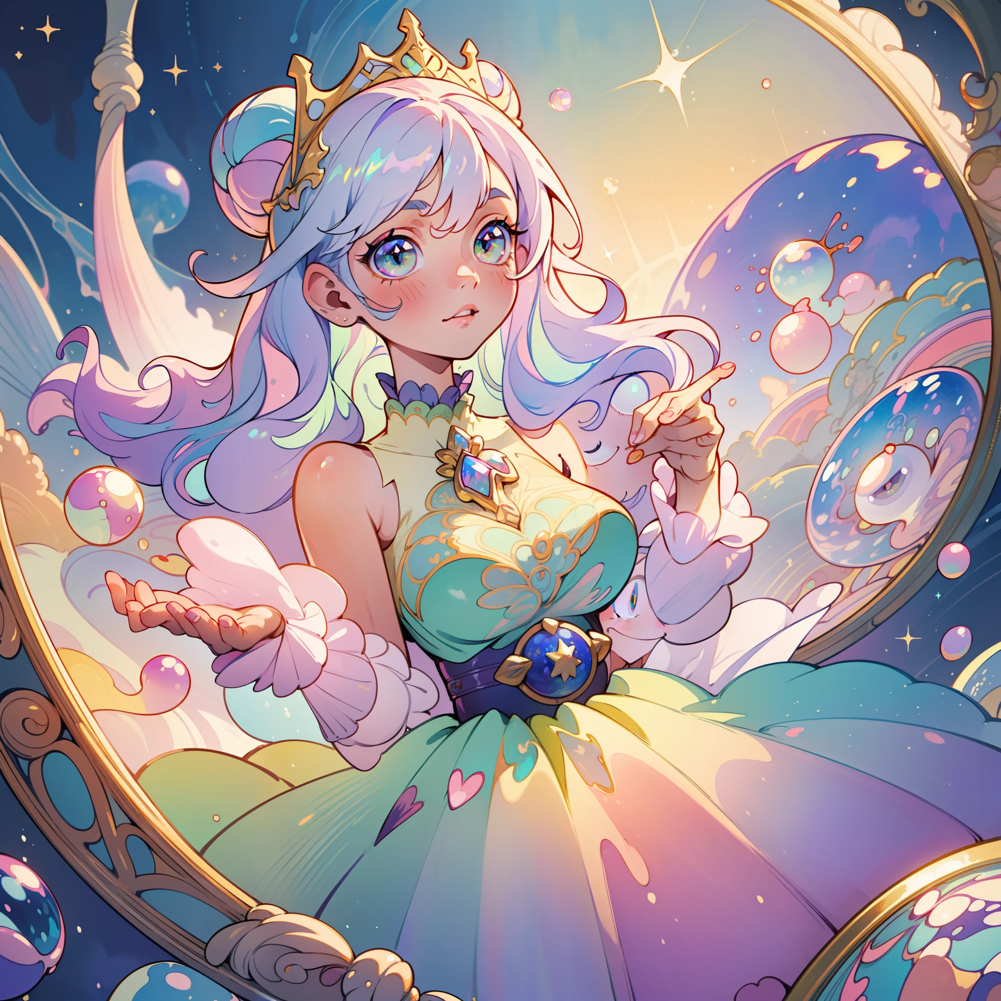 masterpiece, best quality, 8k resolution, sharp focus, intricate detail, beautiful girl, sparkling eyes, golden ratio face, otherworldly liquid, watercolor, ((pastel colors)), bright colors, whimsical, colorful, sharp focus, high resolution, fine detail, princess fantasy ballgown, ((round eyes)), iridescent bubbles, castle landscape in background