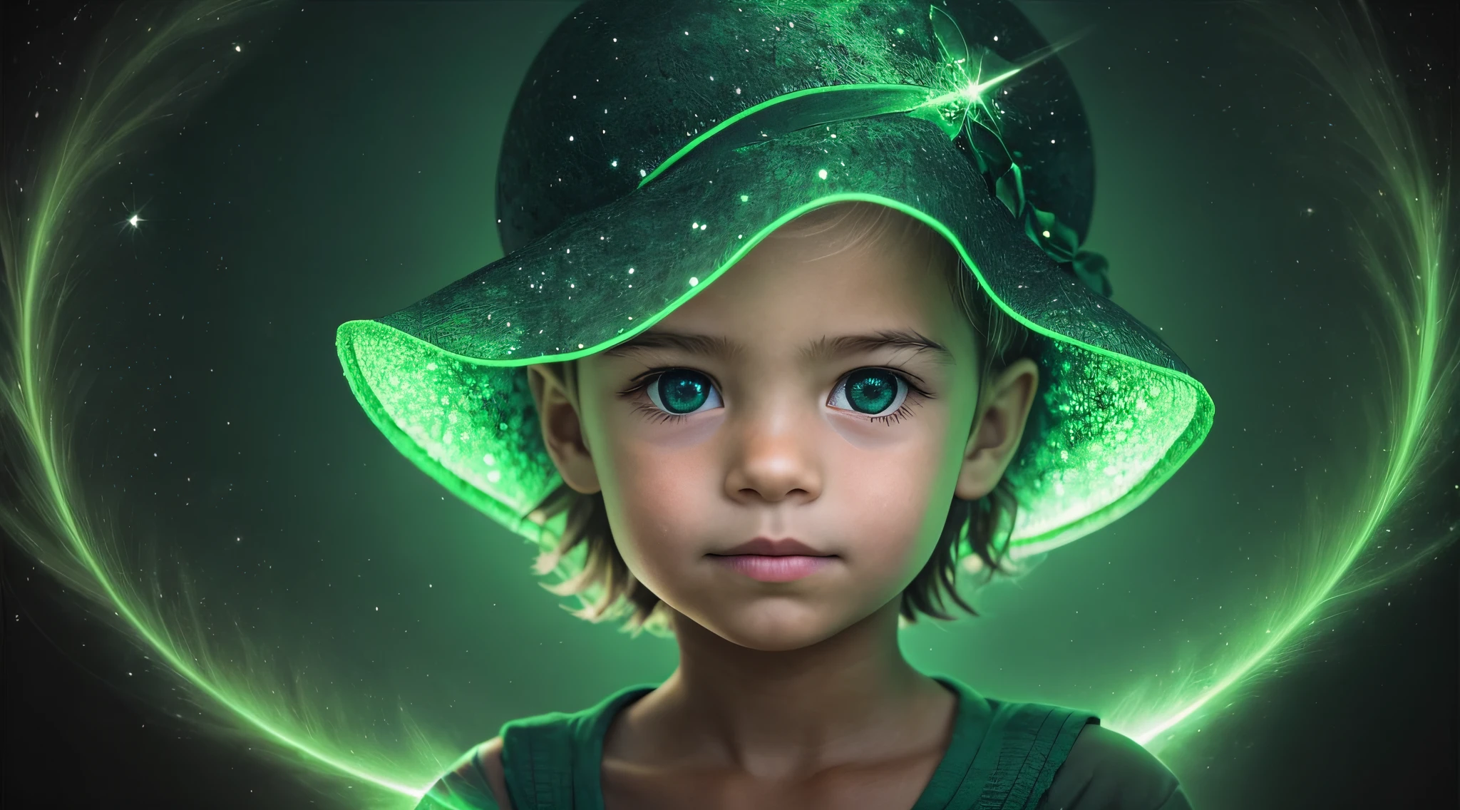 There is a boy holding a lamp in his hand, PORTRAIT, verde brilhante, brilho verde, green lighting, Brilho Verde, photo manipulation, magia verde, he is casting a lighting spell, luz verde, energia verde, neon verde, Aura verde, little girl with magical powers, amazing color photograph, luz ambiente verde, brilho radioativo verde, photo - manipulation, amazing photo