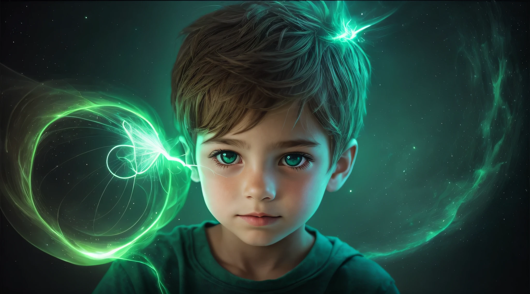 There is a boy holding a lamp in his hand, PORTRAIT, verde brilhante, brilho verde, green lighting, Brilho Verde, photo manipulation, magia verde, he is casting a lighting spell, luz verde, energia verde, neon verde, Aura verde, little girl with magical powers, amazing color photograph, luz ambiente verde, brilho radioativo verde, photo - manipulation, amazing photo