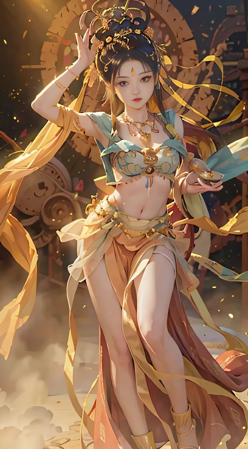 (8k, RAW photo, best quality, masterpiece:1.2), (realistic, photo-realistic:1.4), (extremely detailed CG unity 8k wallpaper), (1 girl:1.5), (yellow skirt: 1.4), red dots on forehead, pale skin, blush, big eyes, full body, thighs, open belly button, gold waist chain, gold ornaments, flying ribbons, particles, background is Loulan ancient city, ancient city wall , desert, dance, dunhuang_dress, dunhuang_style,