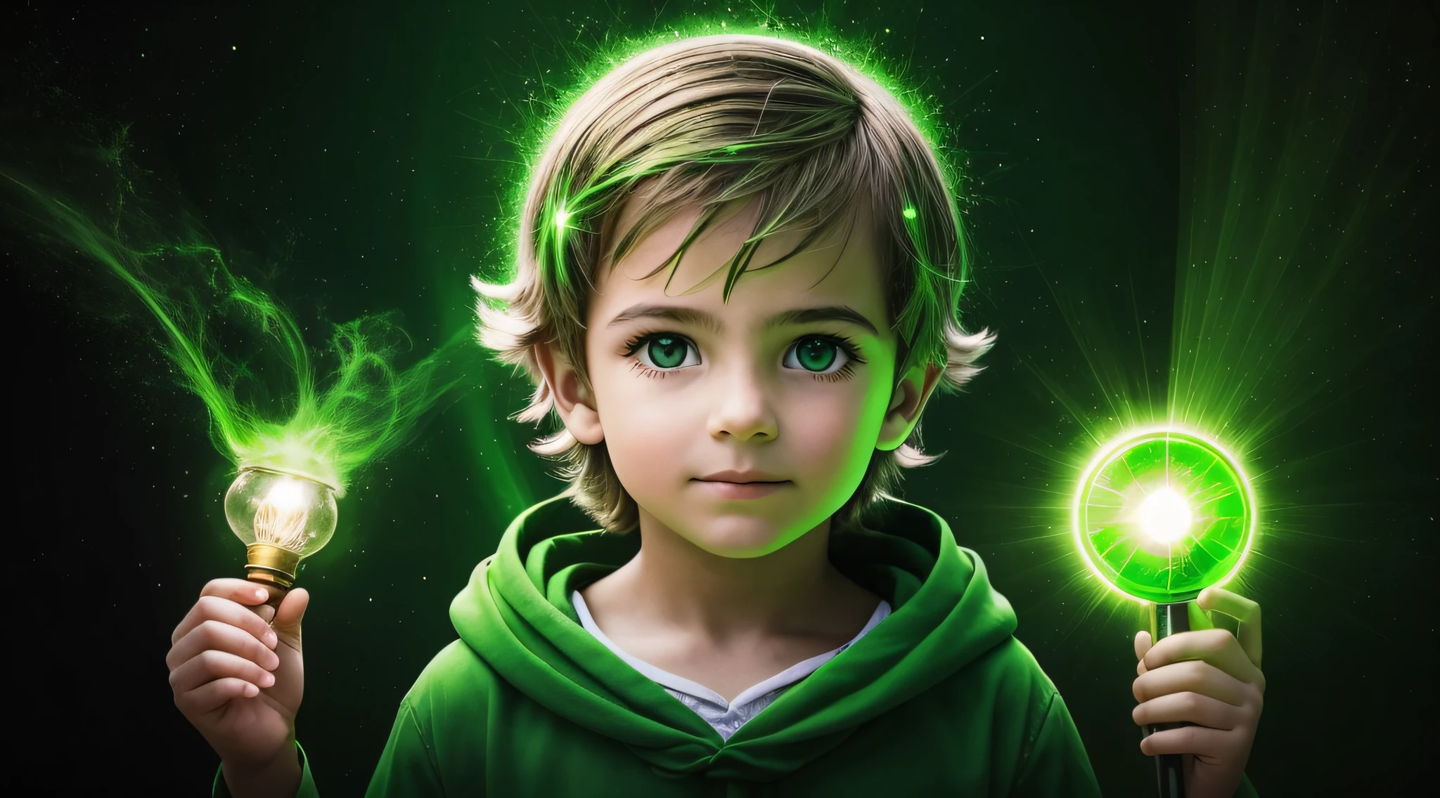 There is a boy holding a lamp in his hand, PORTRAIT, verde brilhante, brilho verde, green lighting, Brilho Verde, photo manipulation, magia verde, he is casting a lighting spell, luz verde, energia verde, neon verde, Aura verde,  girl with magical powers, amazing color photograph, luz ambiente verde, brilho radioativo verde, photo - manipulation, amazing photo