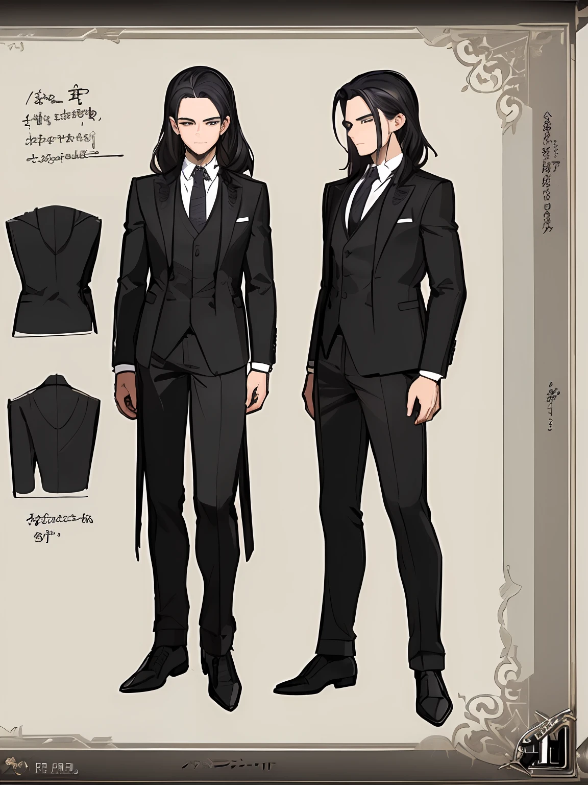 ((masterpiece))), (((best quality))), ((ultra-detailed)), (Very detailed illustration), Cinematic light,, 1paren ((Character Sheet)), (Concept art), ((Full body)), (masterpiece: 1.2), (best quality: 1.3), 1paren, standing, Guy in a formal suit and a short black leather jacket. dark hair, blue eyes