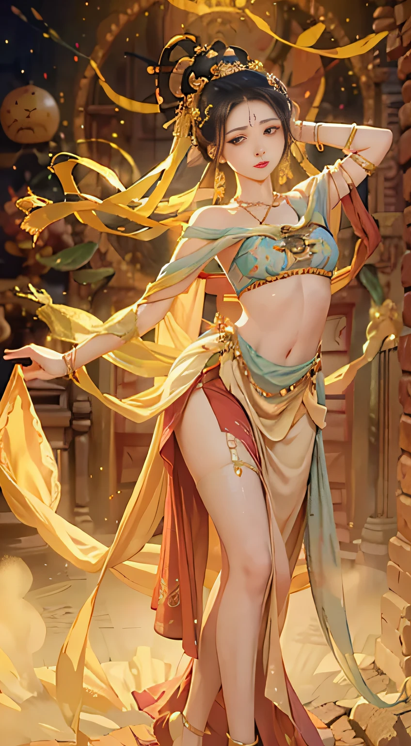 (8k, RAW photo, best quality, masterpiece:1.2), (realistic, photo-realistic:1.4), (extremely detailed CG unity 8k wallpaper), (1 girl:1.5), (yellow skirt: 1.4), red dots on forehead, pale skin, blush, big eyes, full body, thighs, open belly button, gold waist chain, gold ornaments, flying ribbons, particles, background is Loulan ancient city, ancient city wall , desert, dance, dunhuang_dress, dunhuang_style,